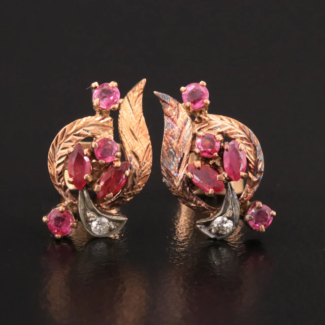 Retro 14K Rose Gold Ruby and Diamond Spray Earrings with Sterling Detail