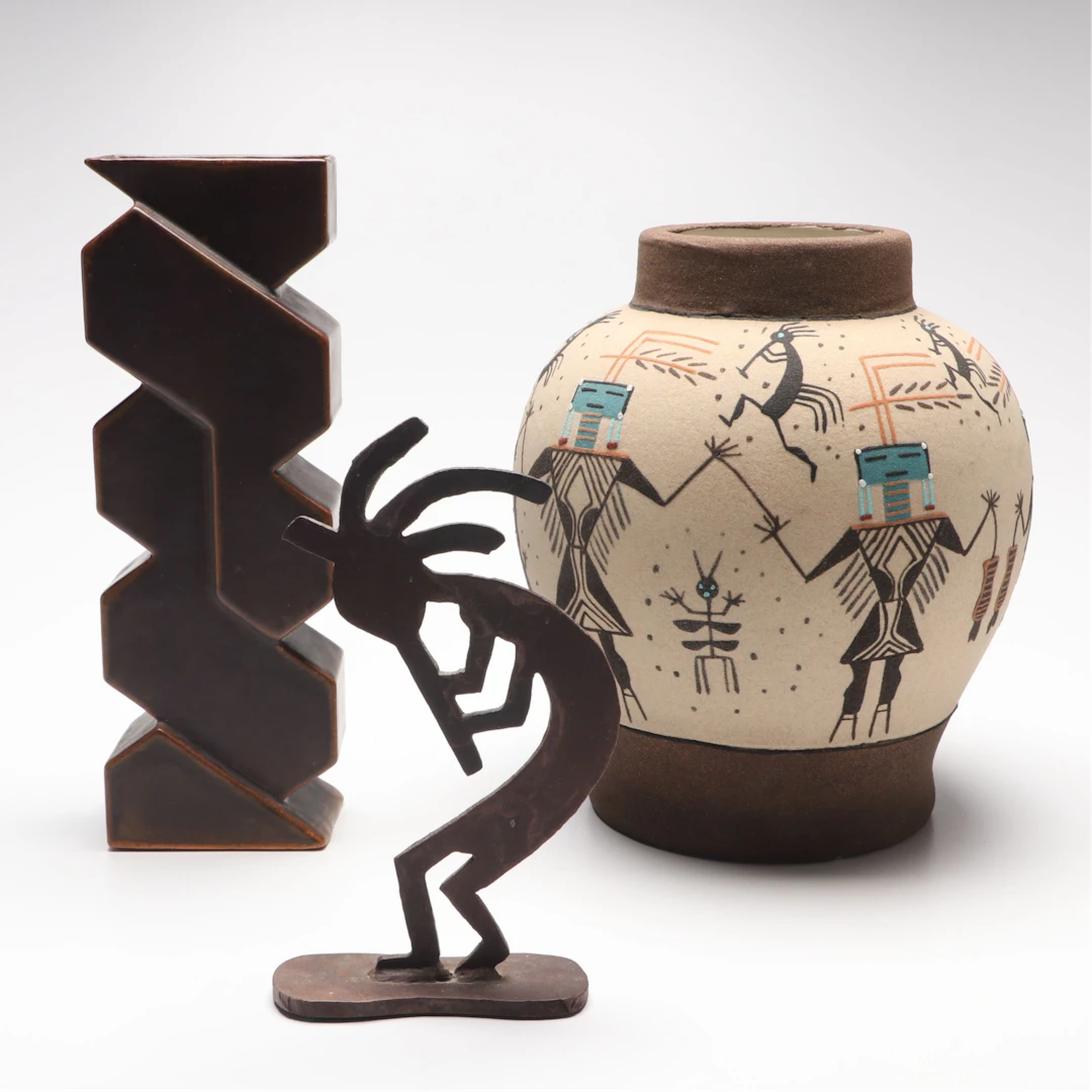 Southwestern Pottery Vase with Metal Kokopelli Figure and Ceramic Abstract Vase
