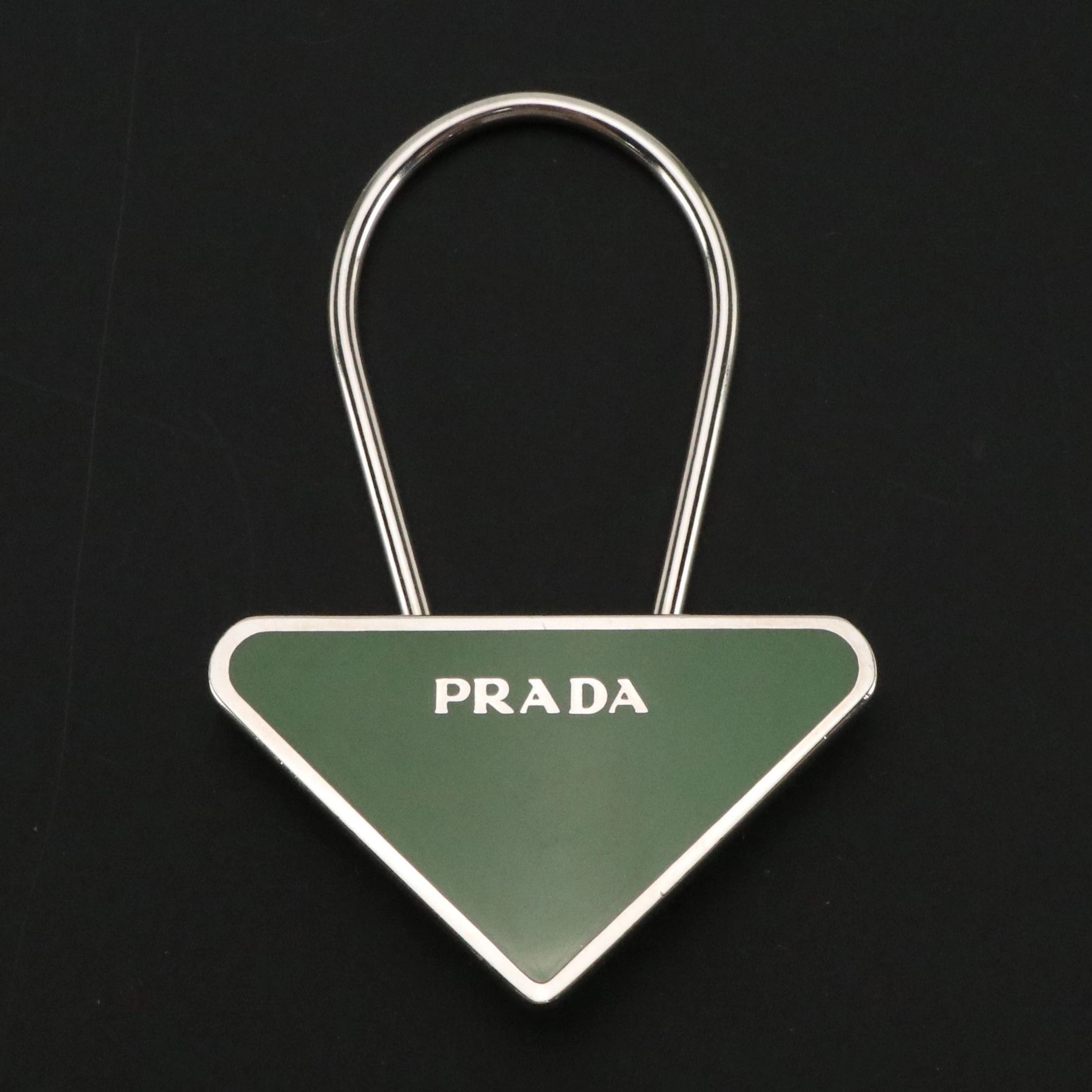 Prada Green Triangle Logo Silver Toned Bag Charm/Key Ring