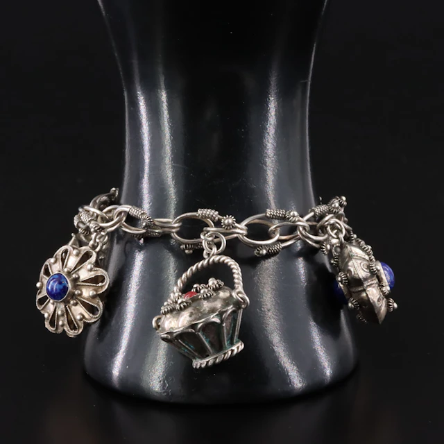 Etruscan Revival 800 Silver Charm Bracelet