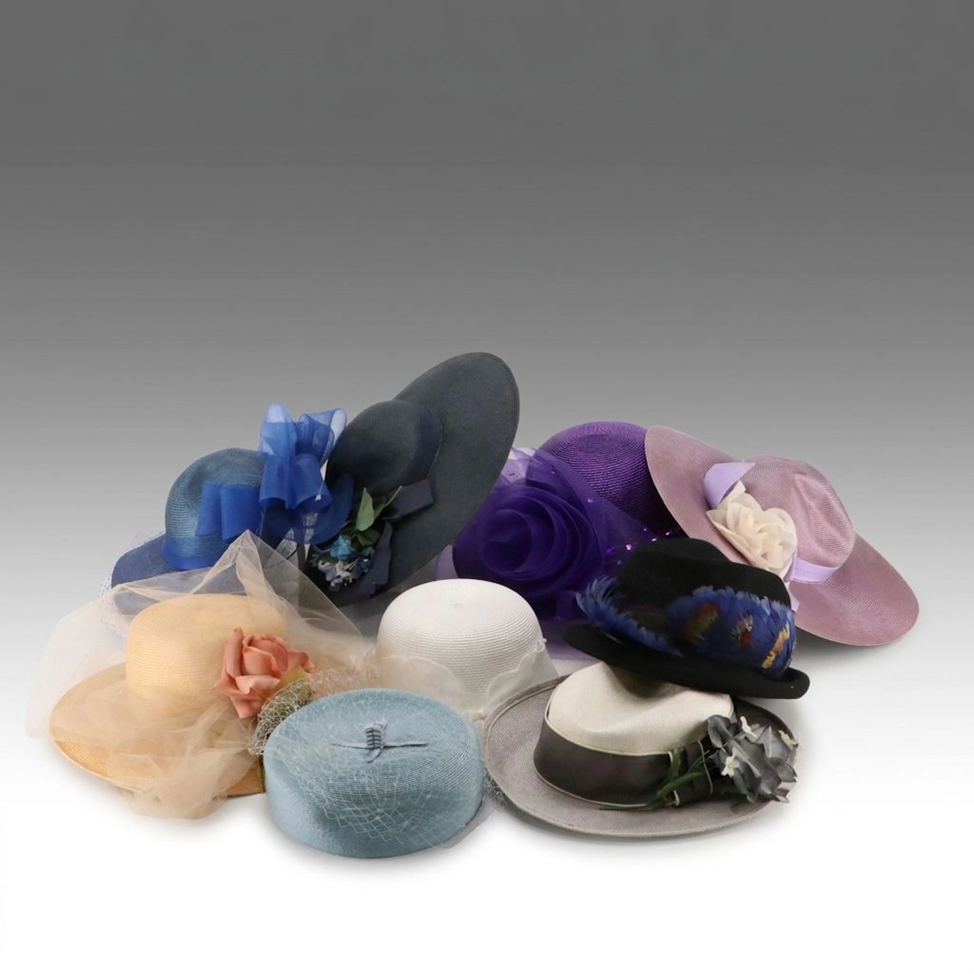 Assortment of Vintage Hats with Floral and Feather Applique in Straw and Wool