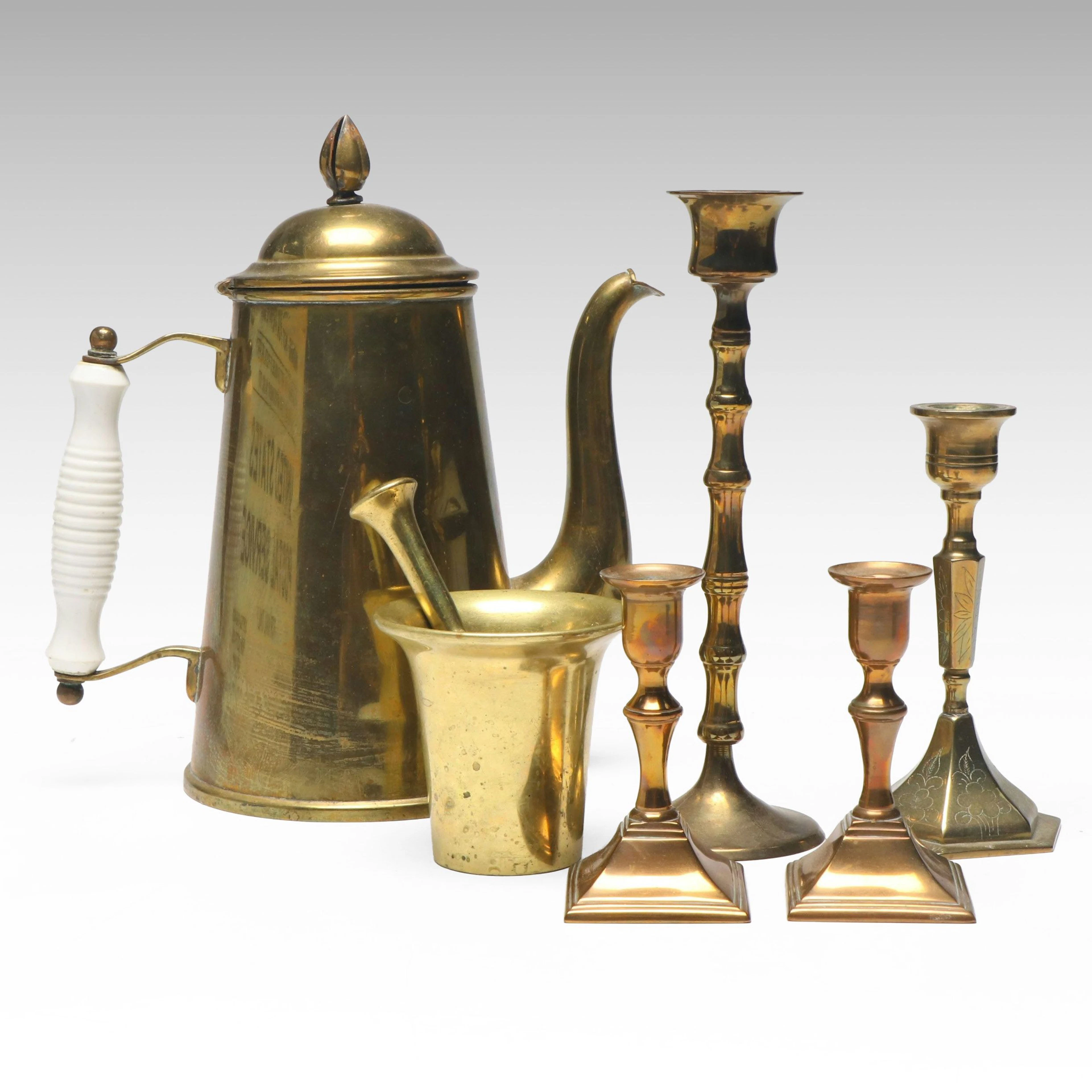 Brass Teapot and Mortar and Pestle with Brass Candle Holders