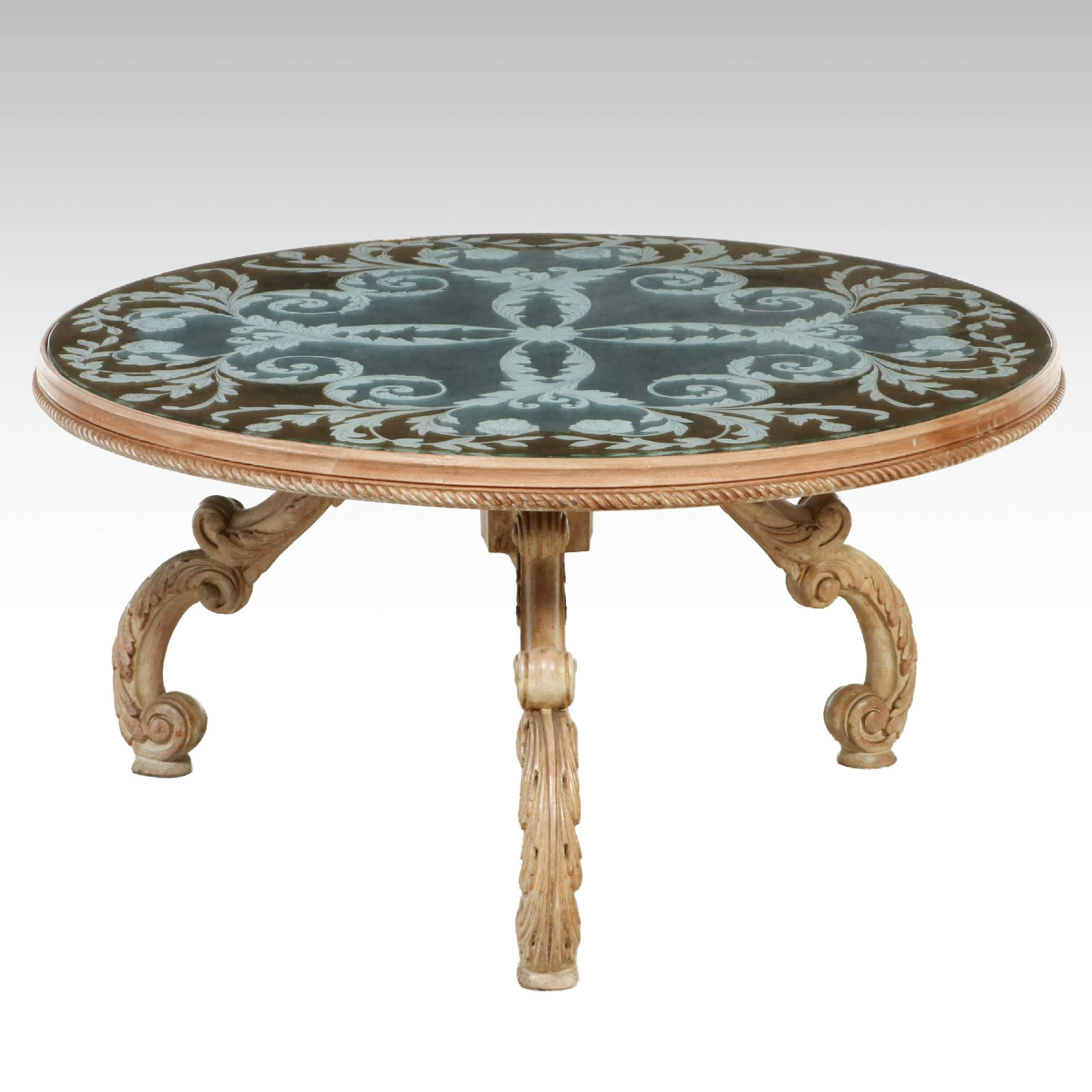 Neoclassical Style Round Glass Top Cocktail Table
