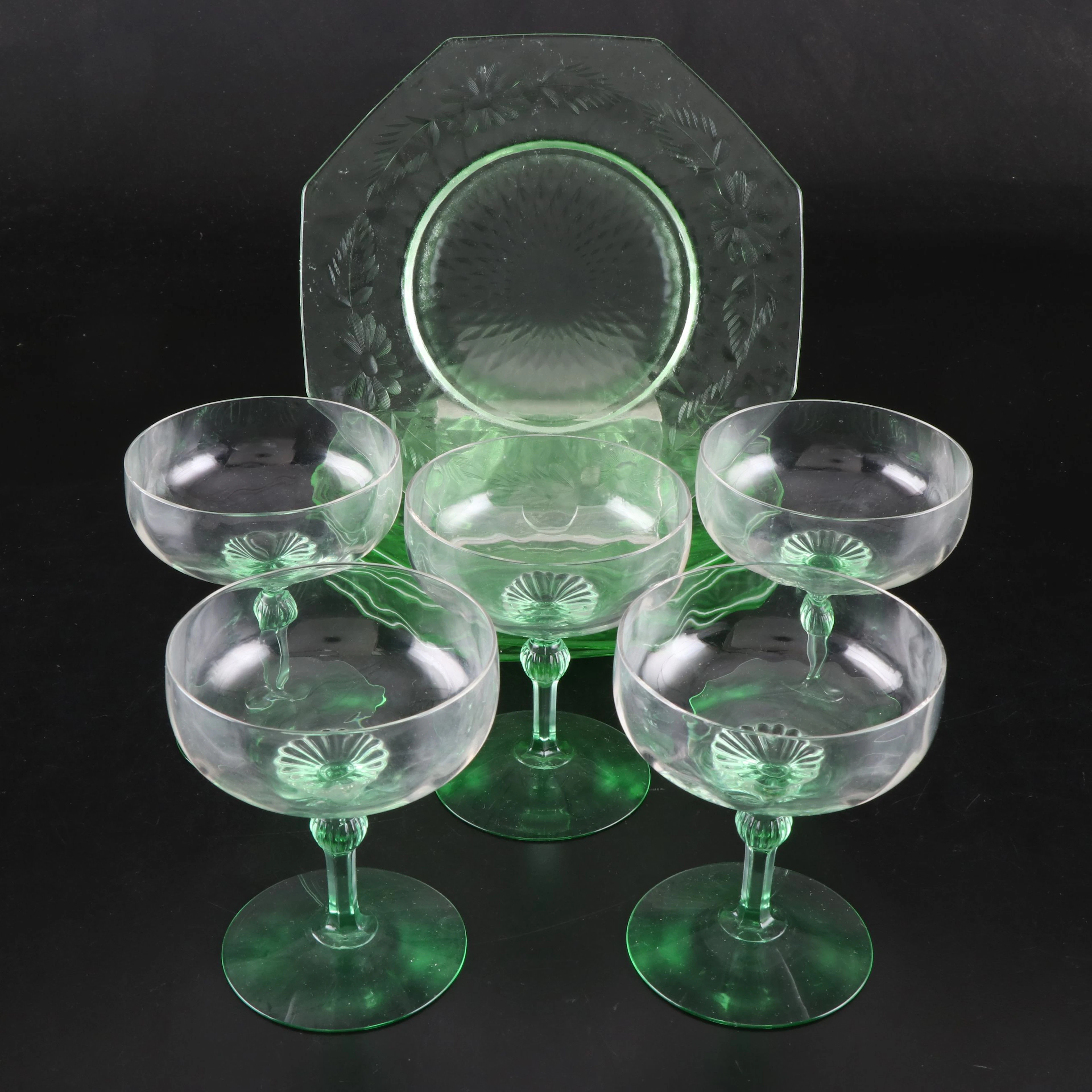 Heisey "King Arthur" Glasses with Uranium Glass Plates, Early to Mid-20th C.