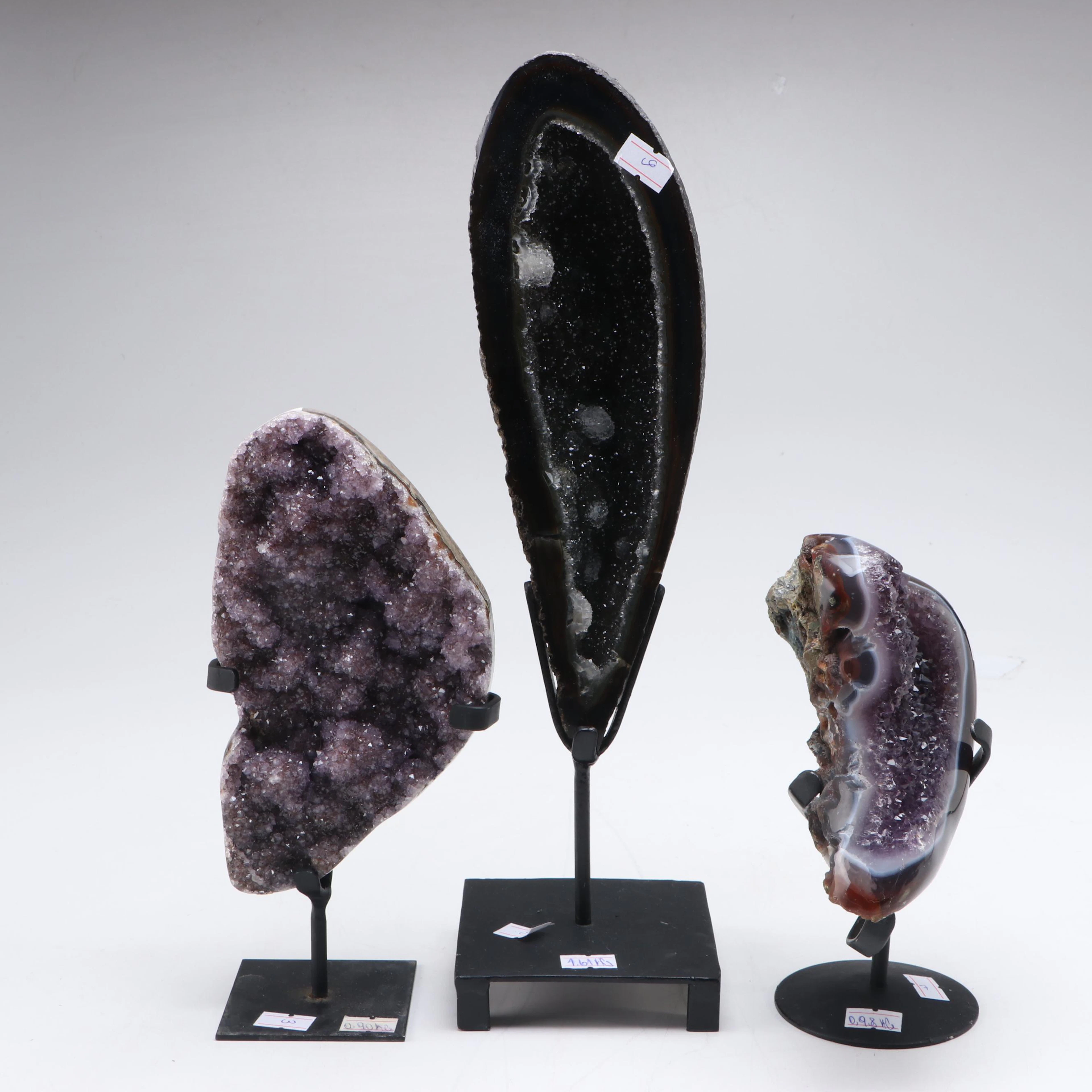 Cut and Polished Amethyst Geode Specimens on Custom Metal Stands