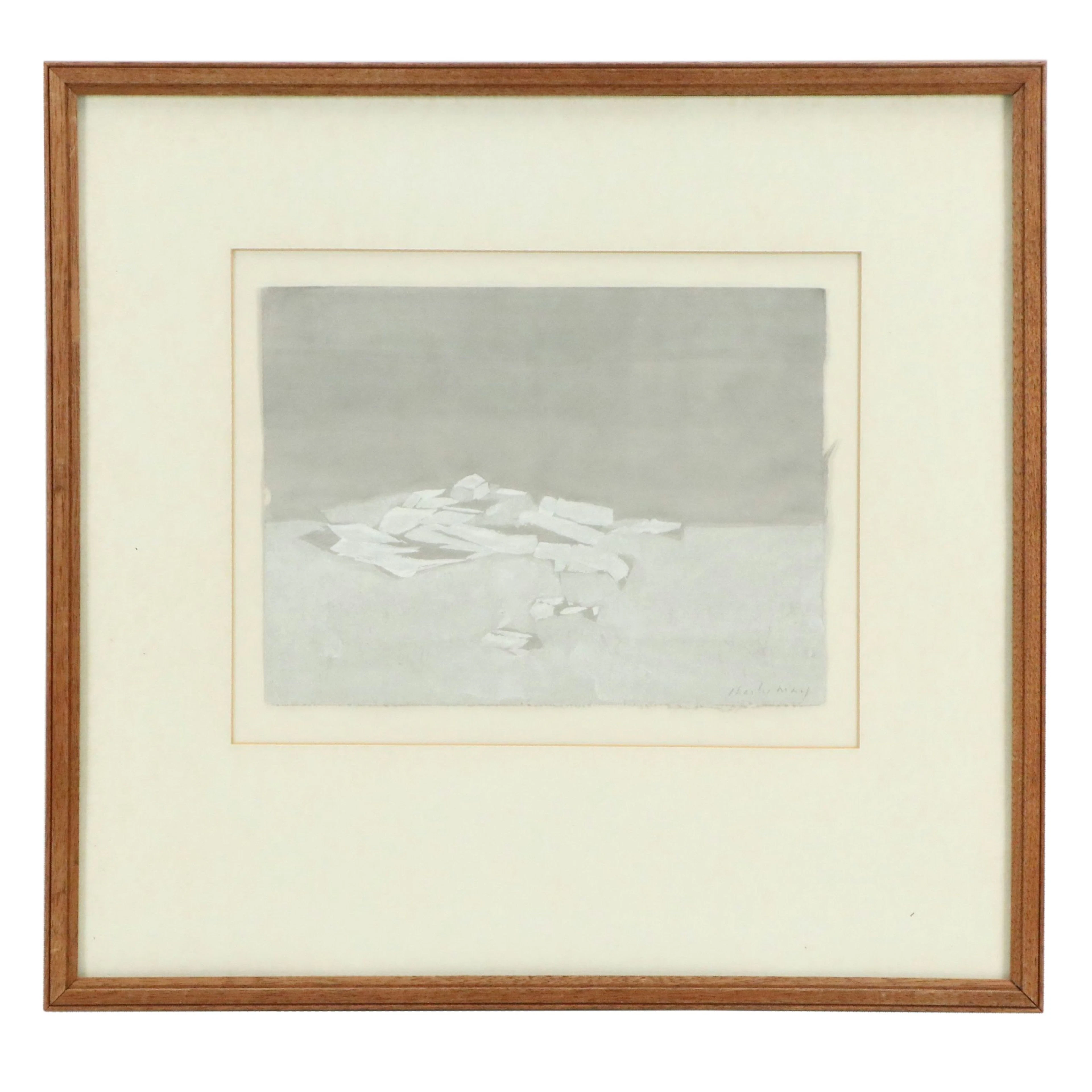 Charles May Minimalist Grisaille Landscape Gouache Painting, Circa 1960