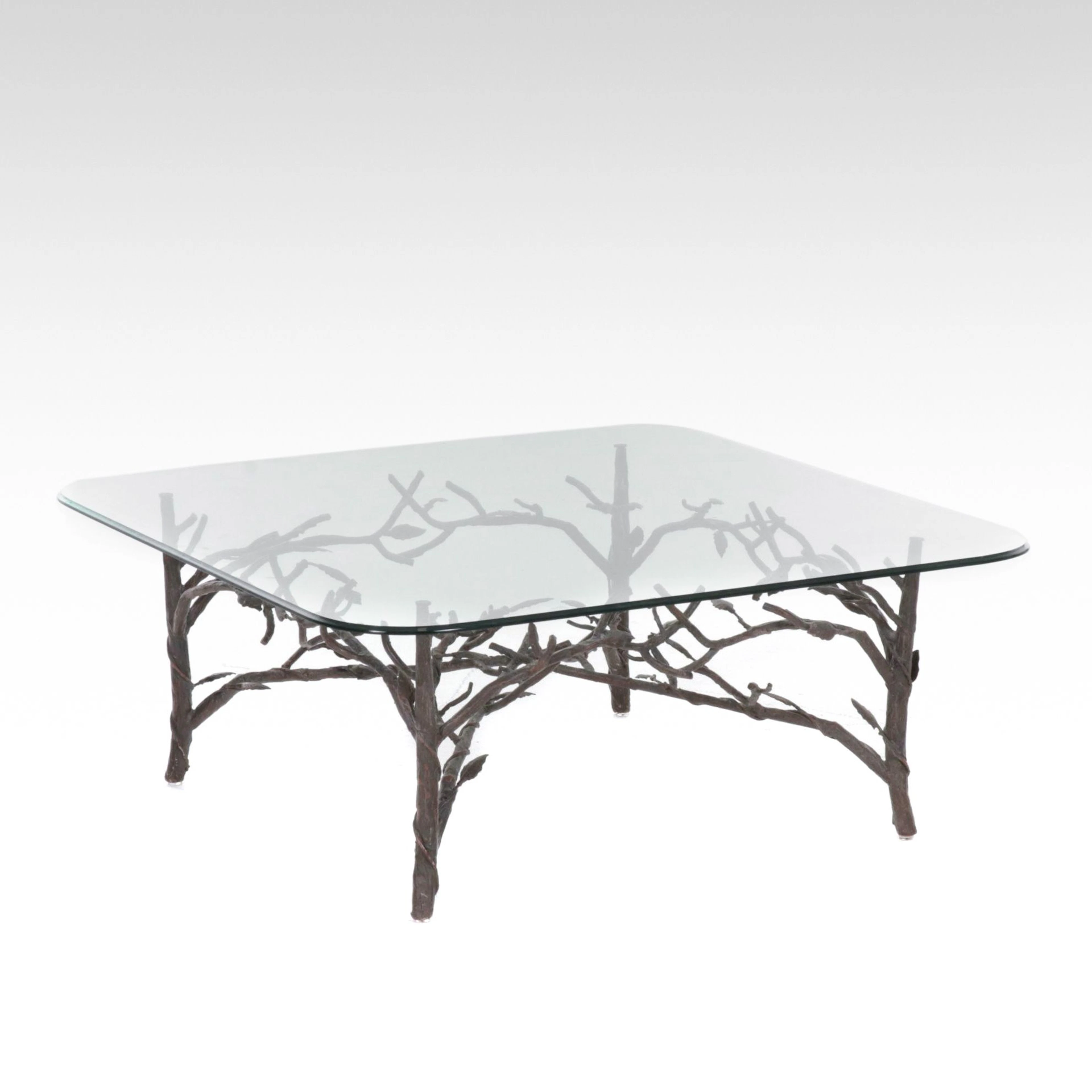 Faux Bois Sculptural Metal Base with Glass Coffee Table