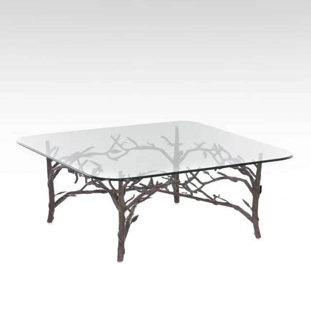 Faux Bois Sculptural Metal Base with Glass Coffee Table