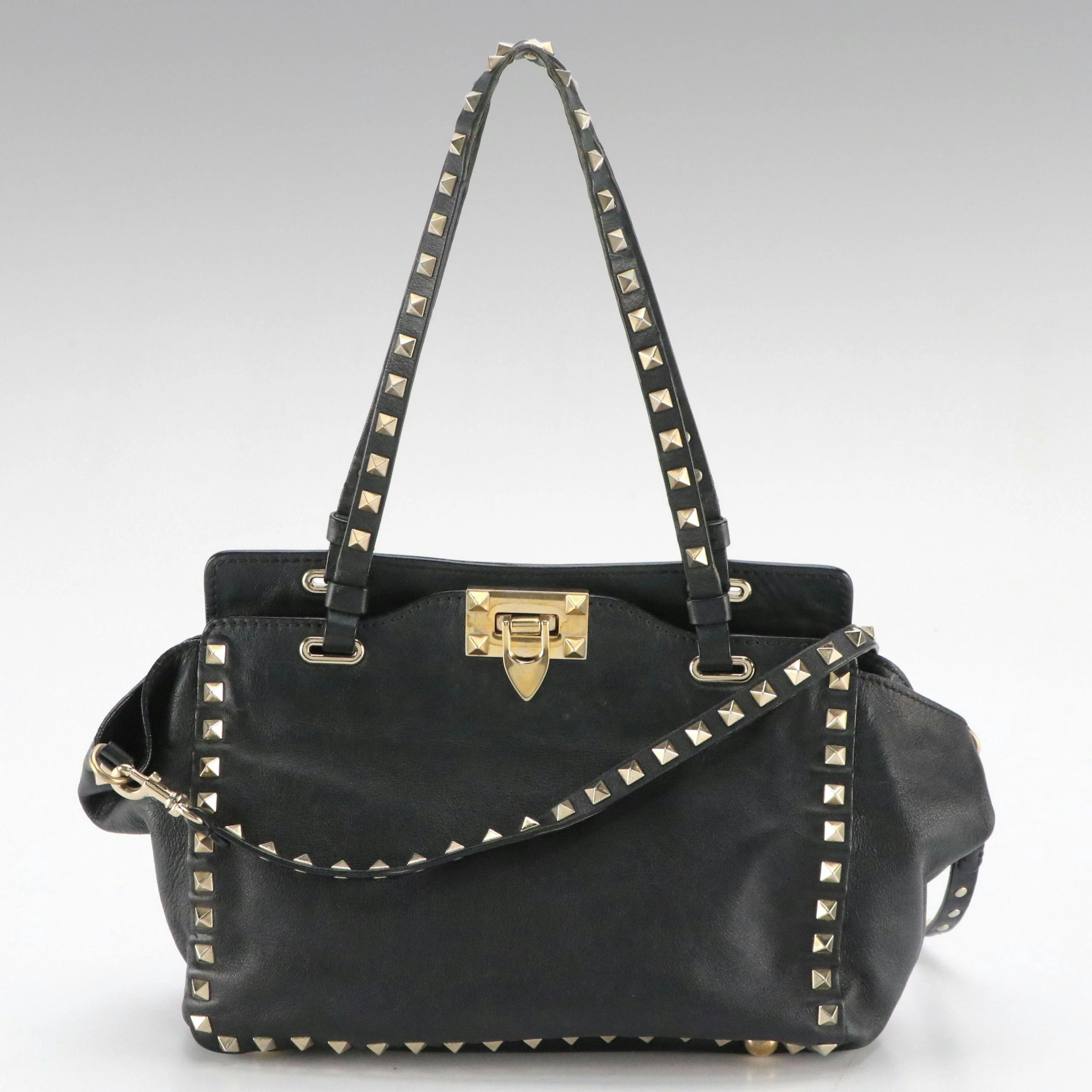 Valentino Garavani Small Rockstud Trapeze Two-Way Tote Bag in Black Calfskin