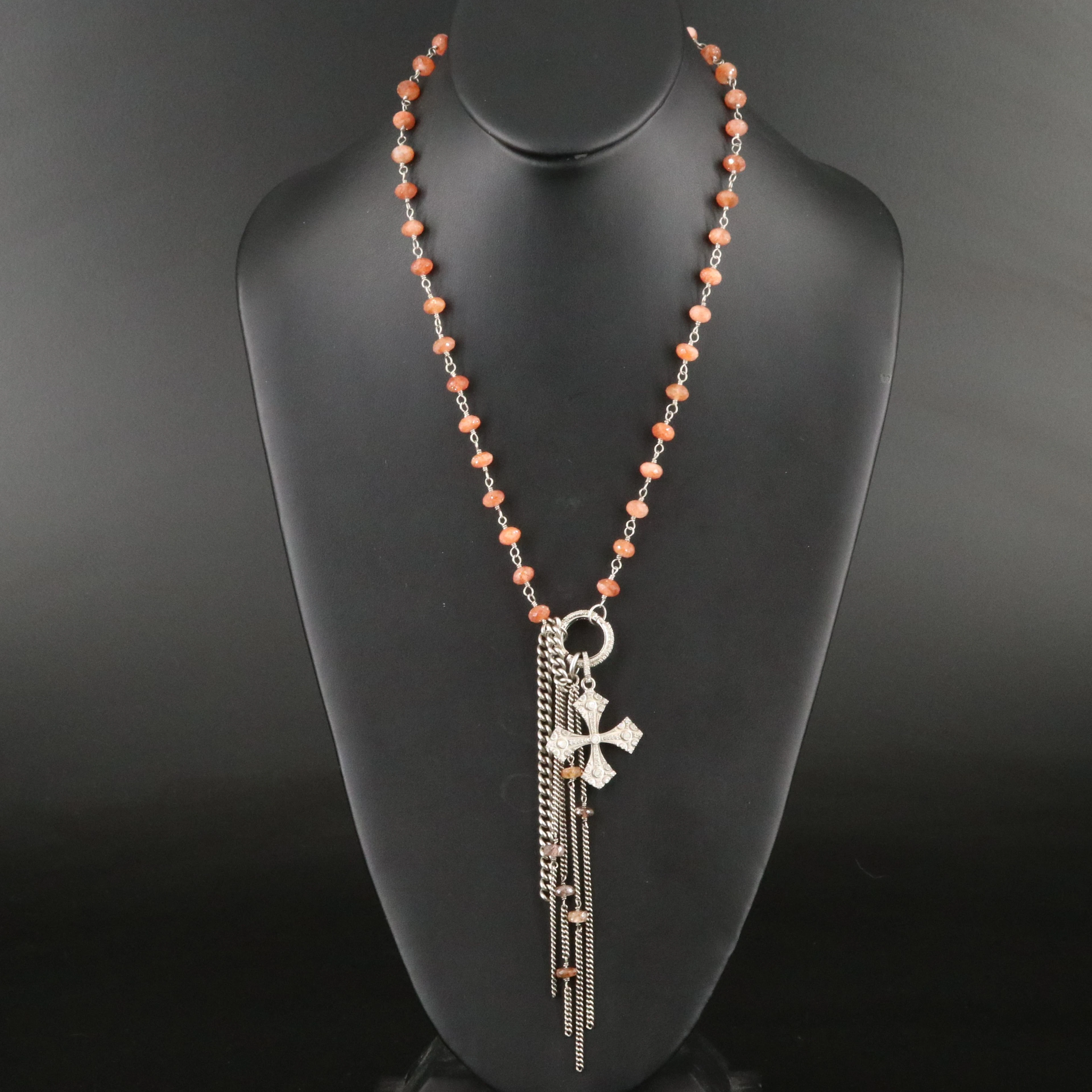 Sheryl Lowe Sterling Cross and Tassel Necklace Including Sunstone and Diamond