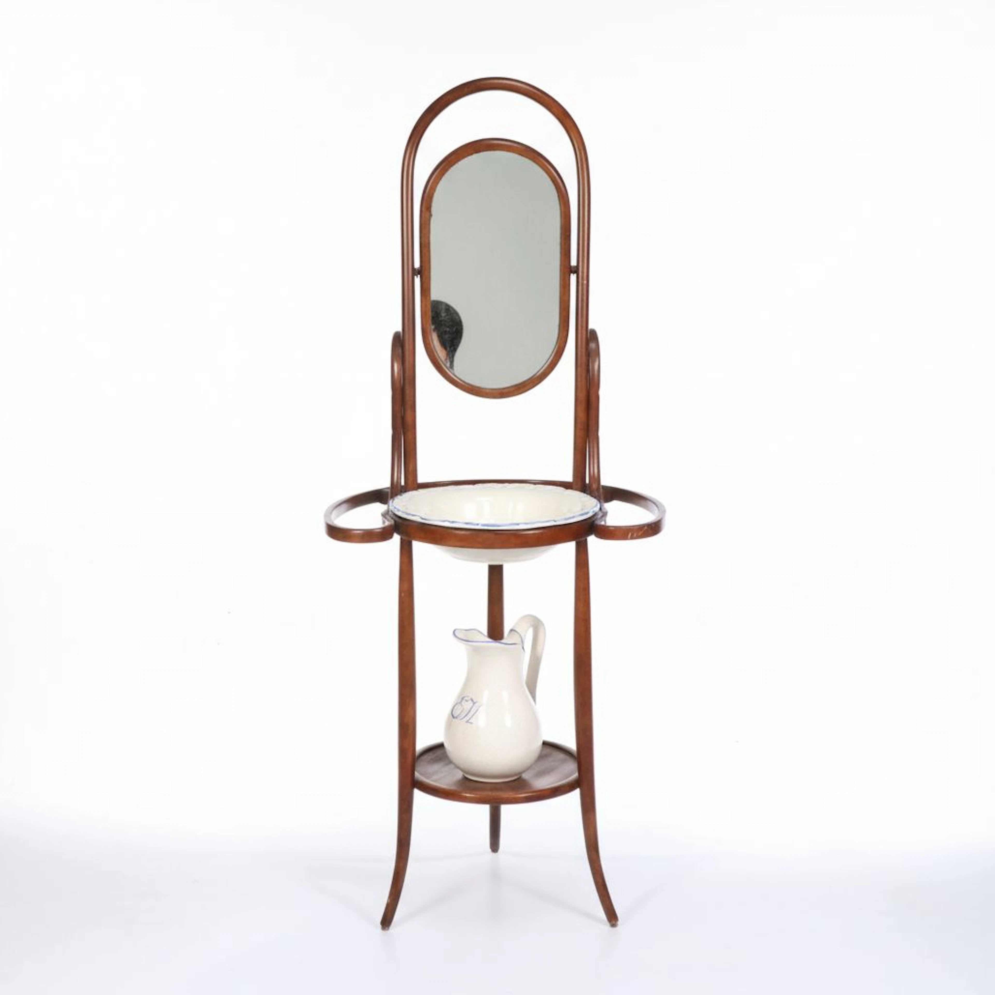 J. Peterman Art Nouveau Style Bentwood Washstand with Ceramic Pitcher and Basin