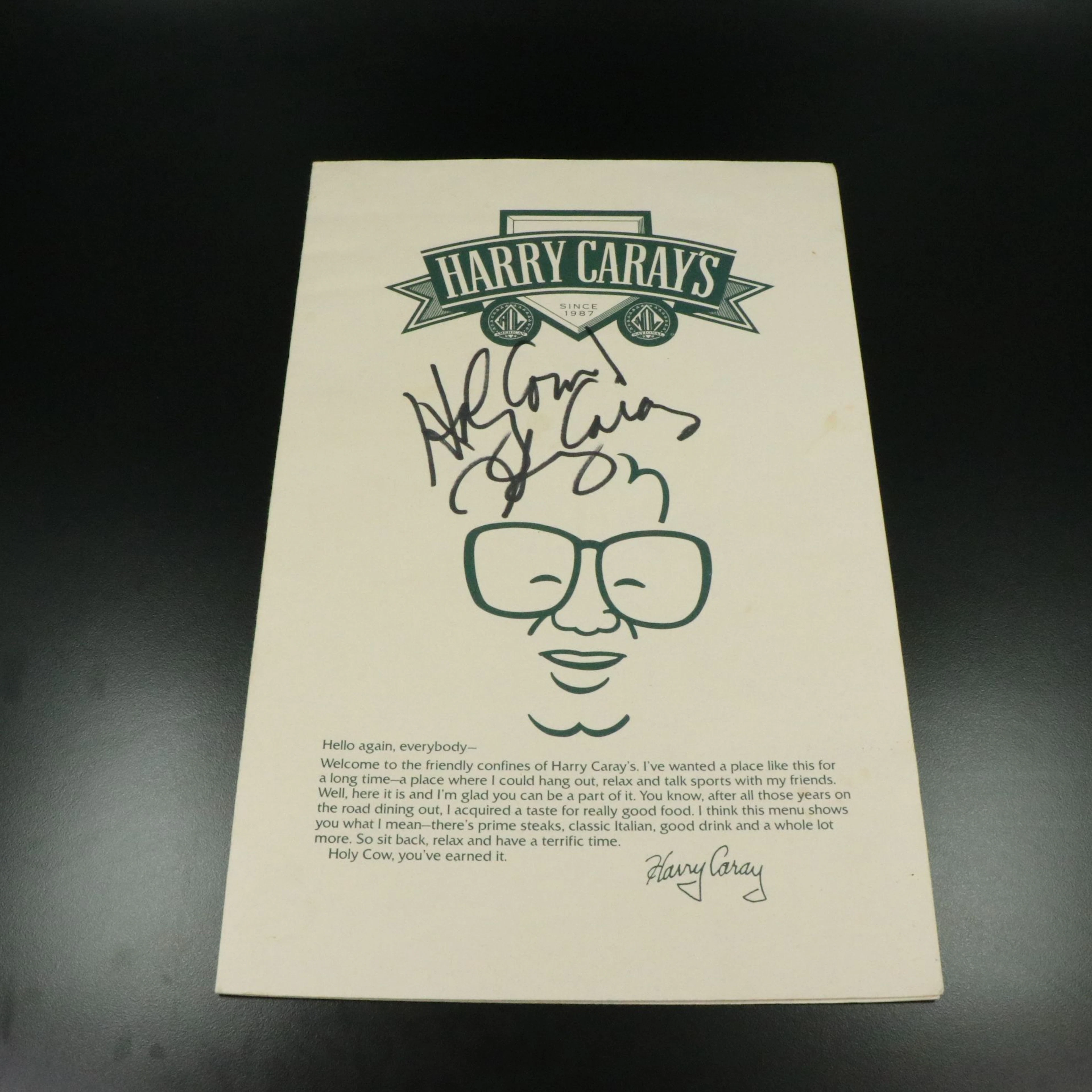 Harry Caray Signed Harry Caray's Restaurant Menu, JSA