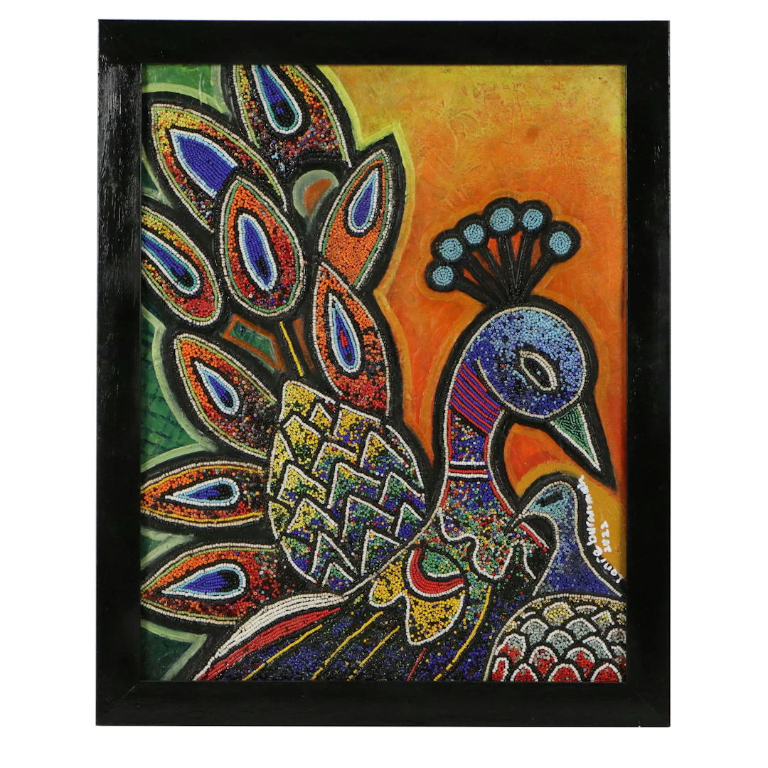 Lanre Buraimoh Mixed Media Beadwork of Peacock, 2022