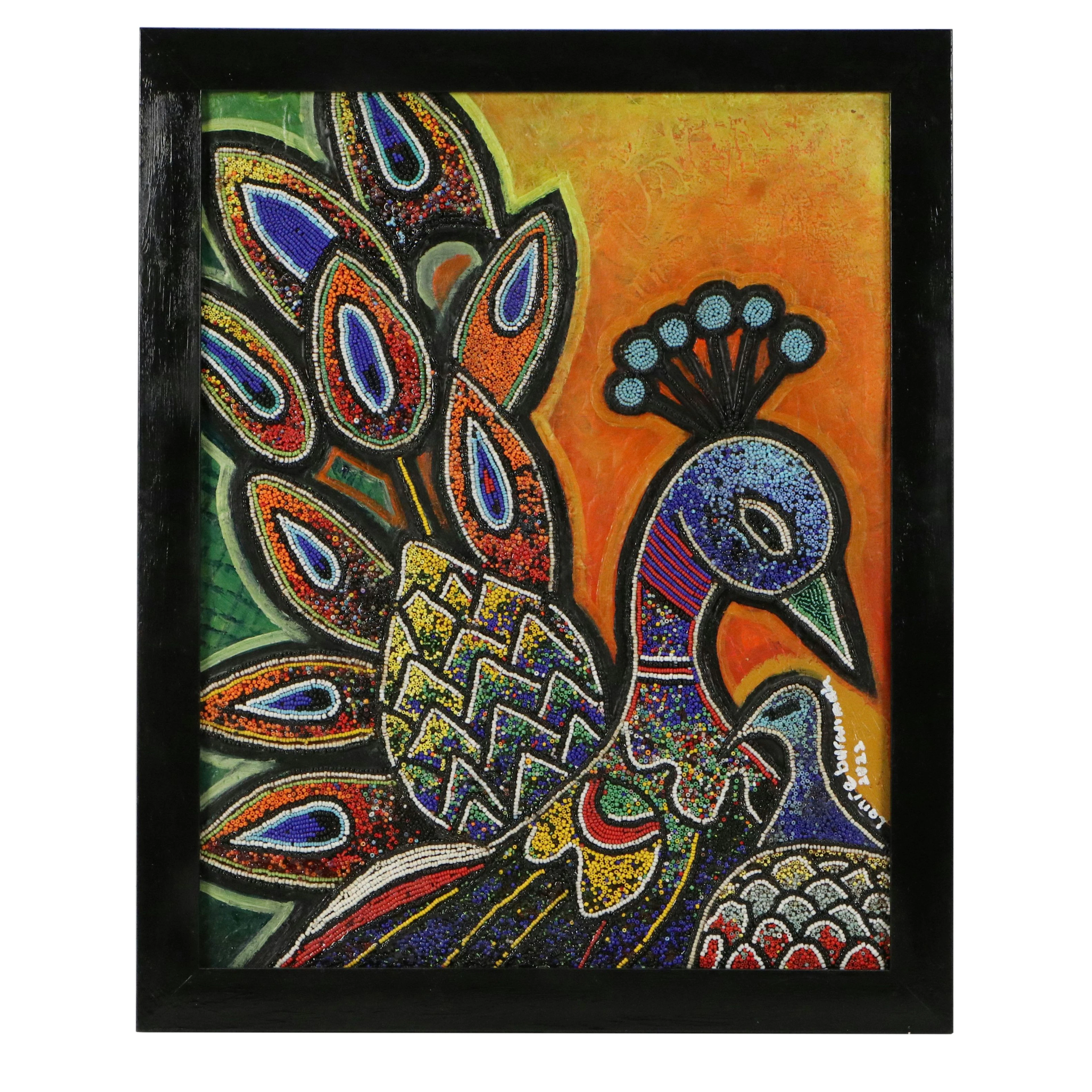 Lanre Buraimoh Mixed Media Beadwork of Peacock, 2022