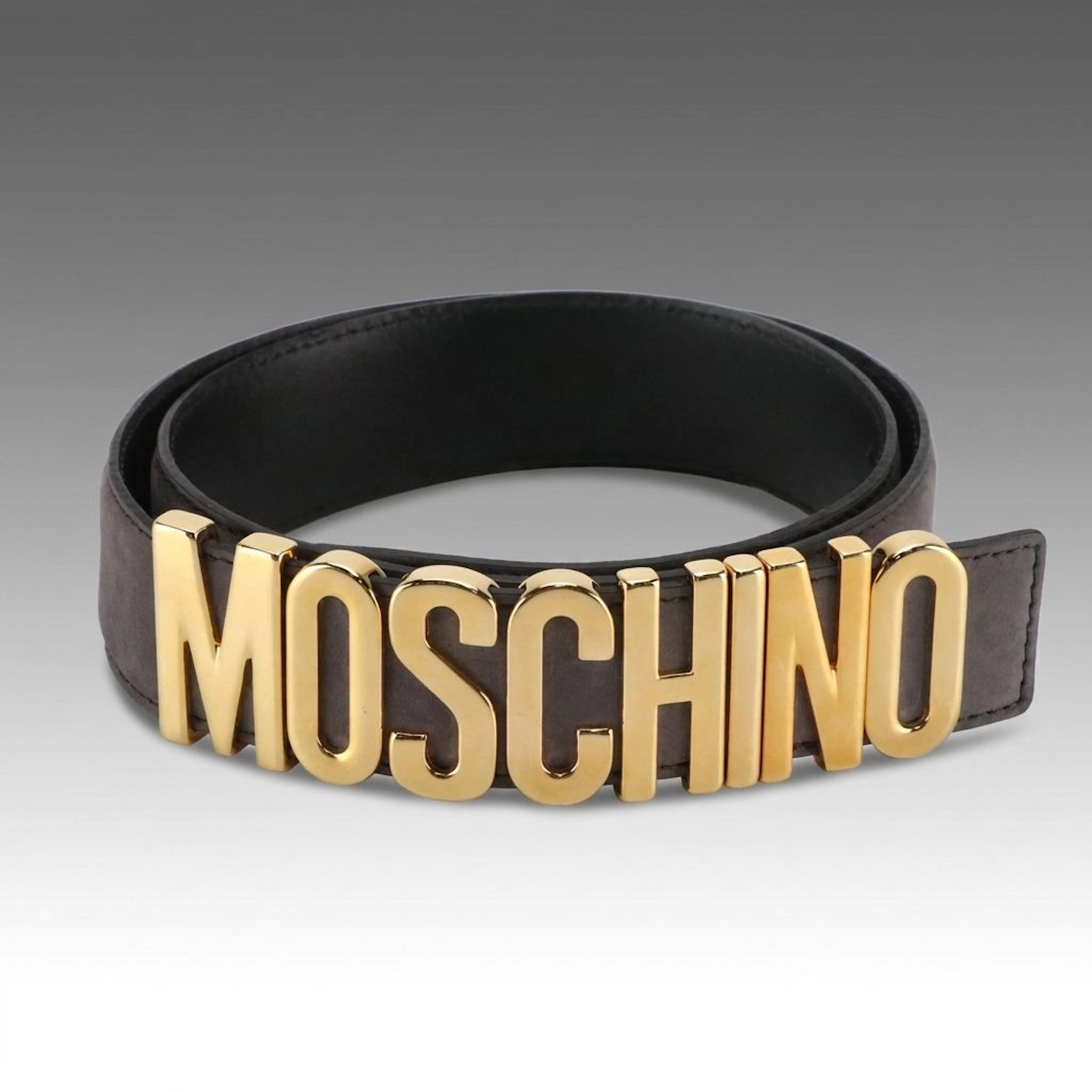 Moschino Large Logo Belt in Charcoal Suede and Black Calfskin Leather