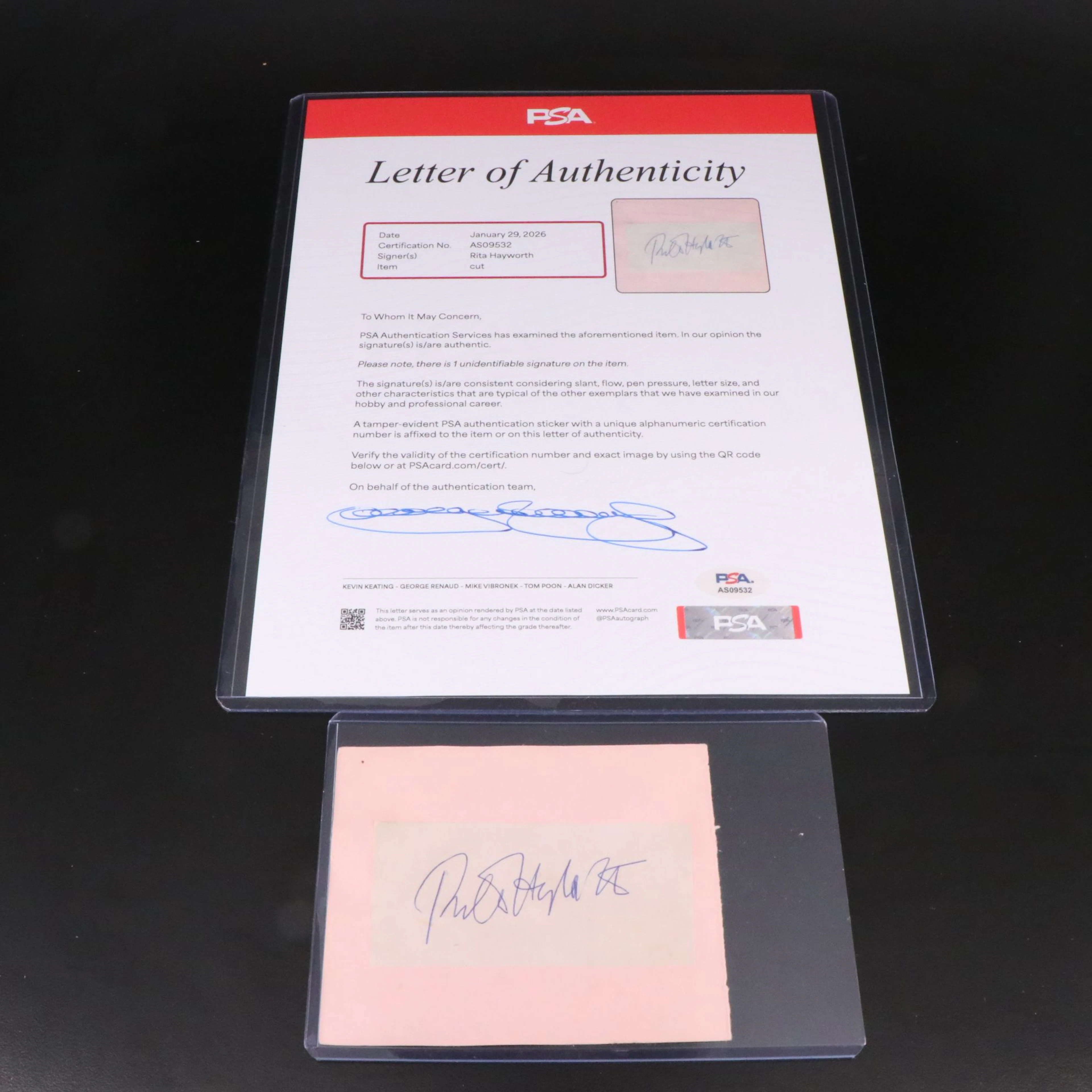 Rita Hayworth Cut Signature, PSA