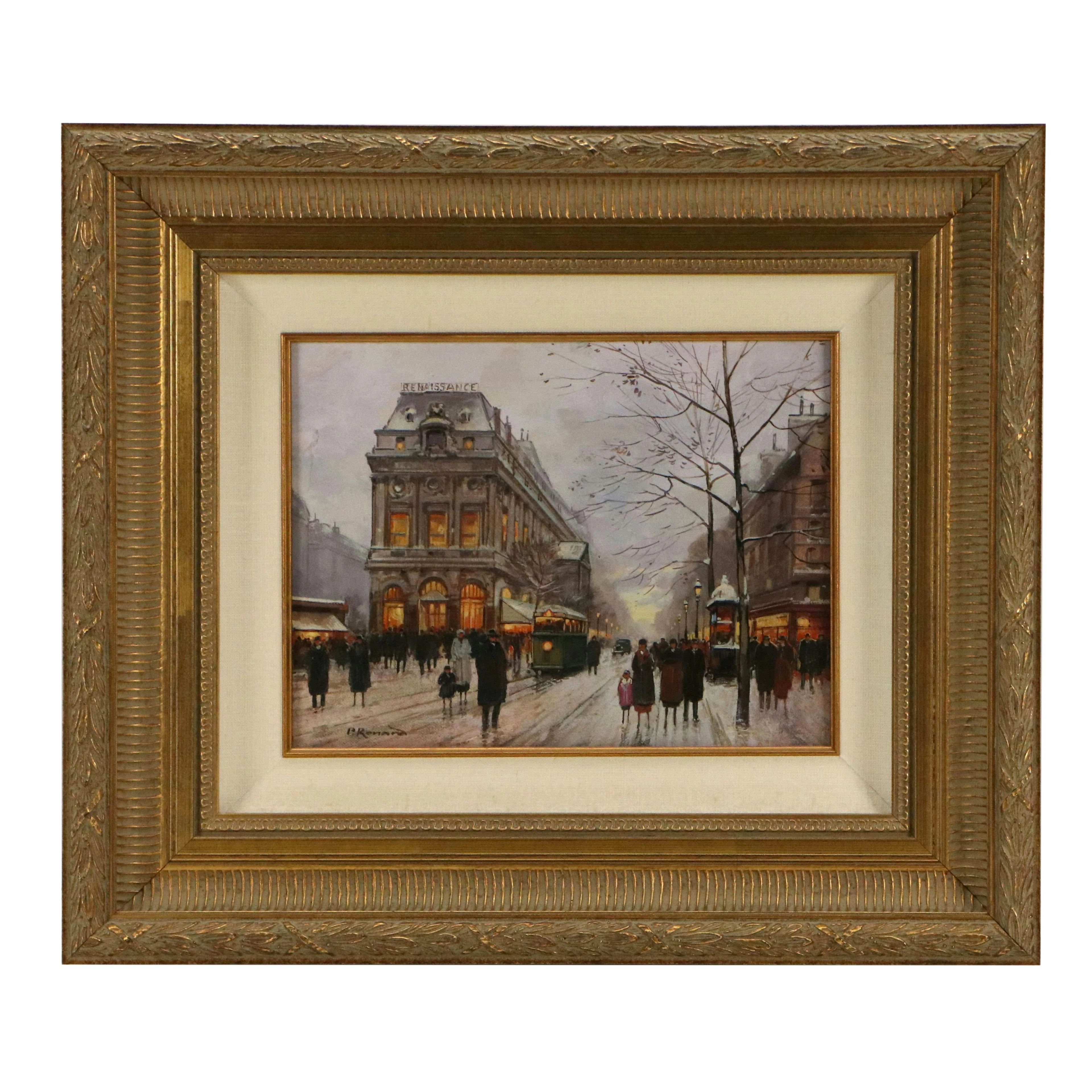 Paul Renard Genre Oil Painting of Parisian Street Scene, Late 20th Century