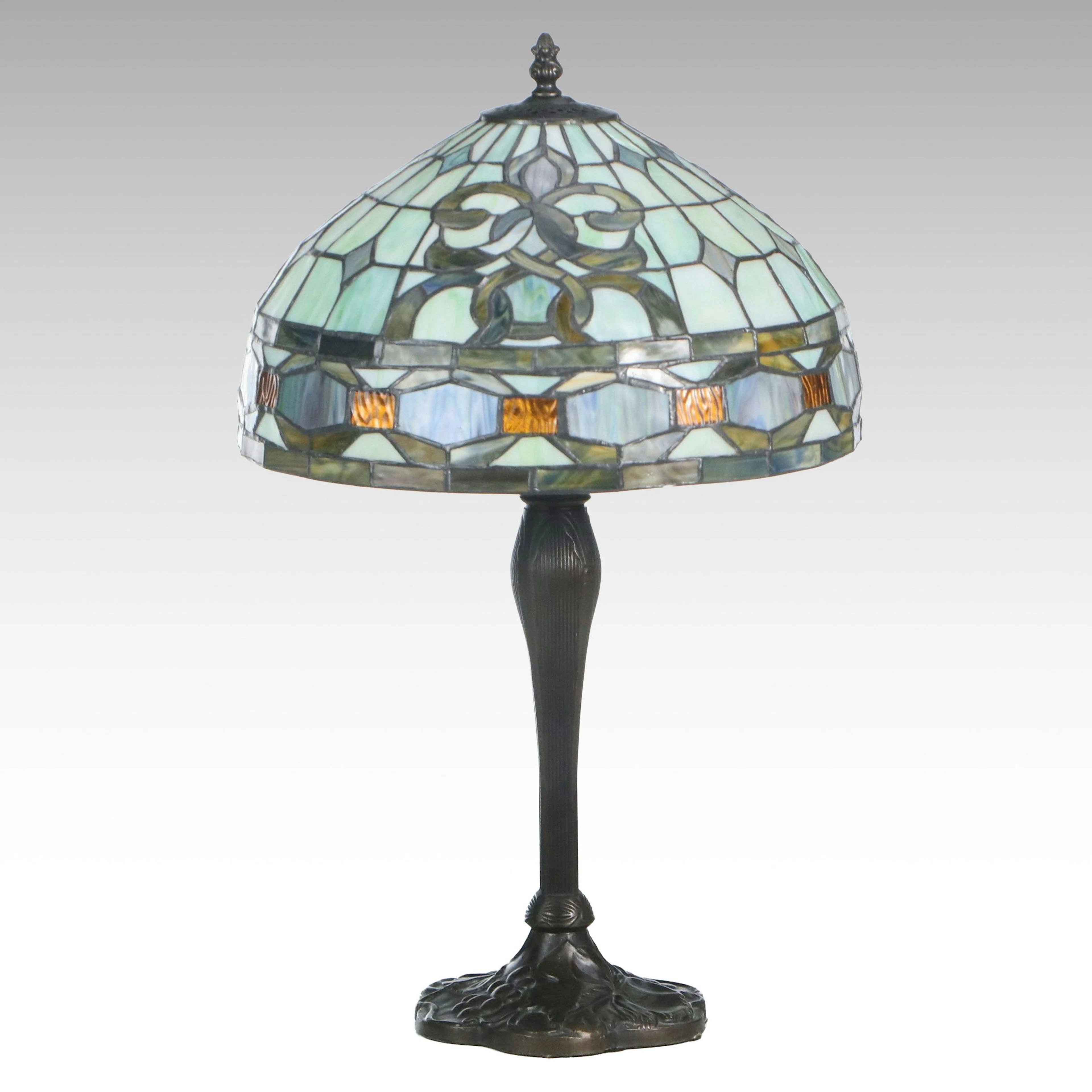 Art Nouveau Style Stained Glass Table Lamp with Grapevine Metal Base