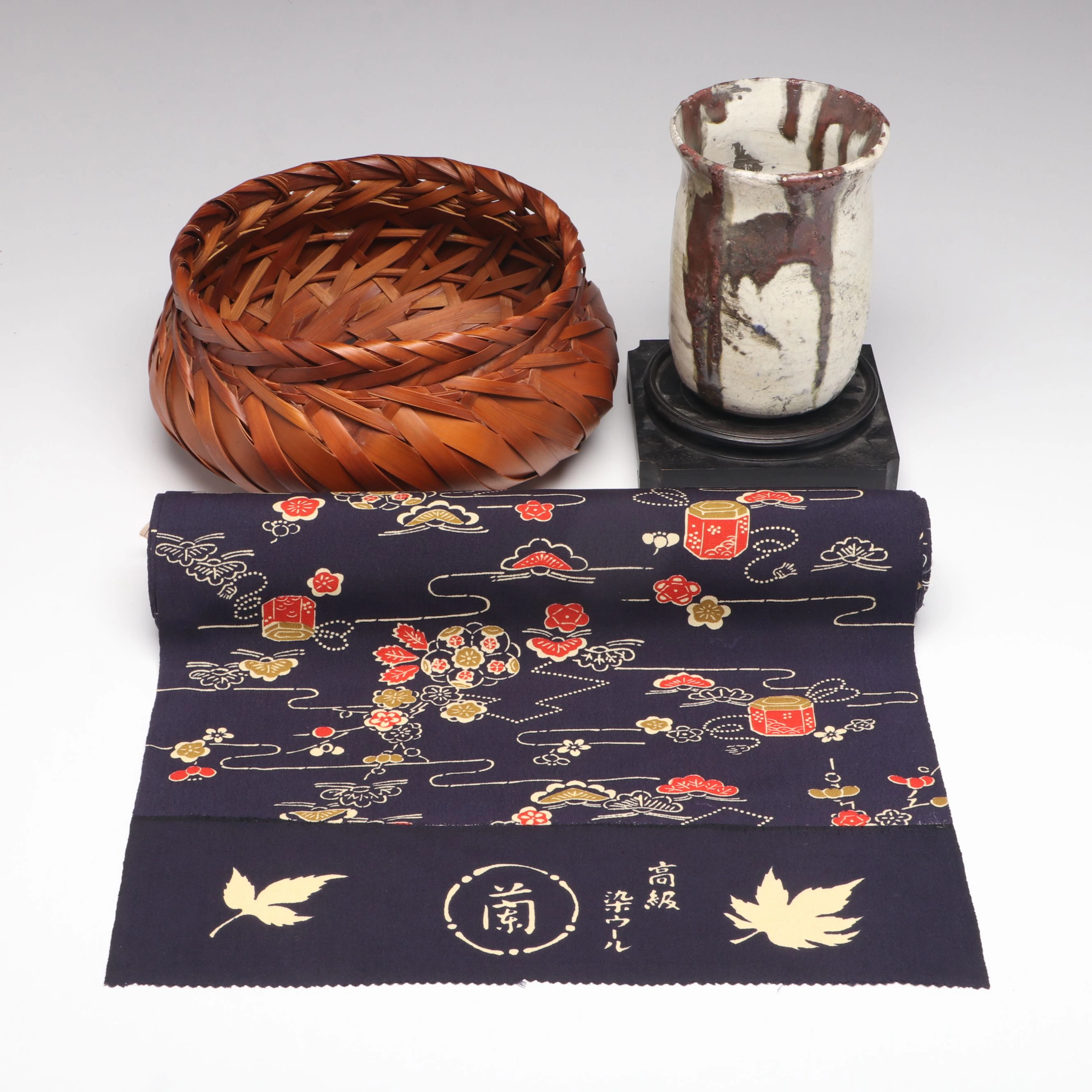 Japanese Kimono Fabric Roll, Wabi-Sabi Stoneware Pot and Bamboo Ikebana Basket