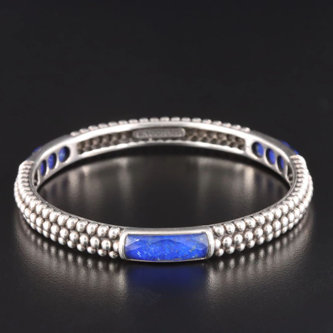 Lagos Maya Sterling Quartz over Lapis Caviar Station Bangle Bracelet