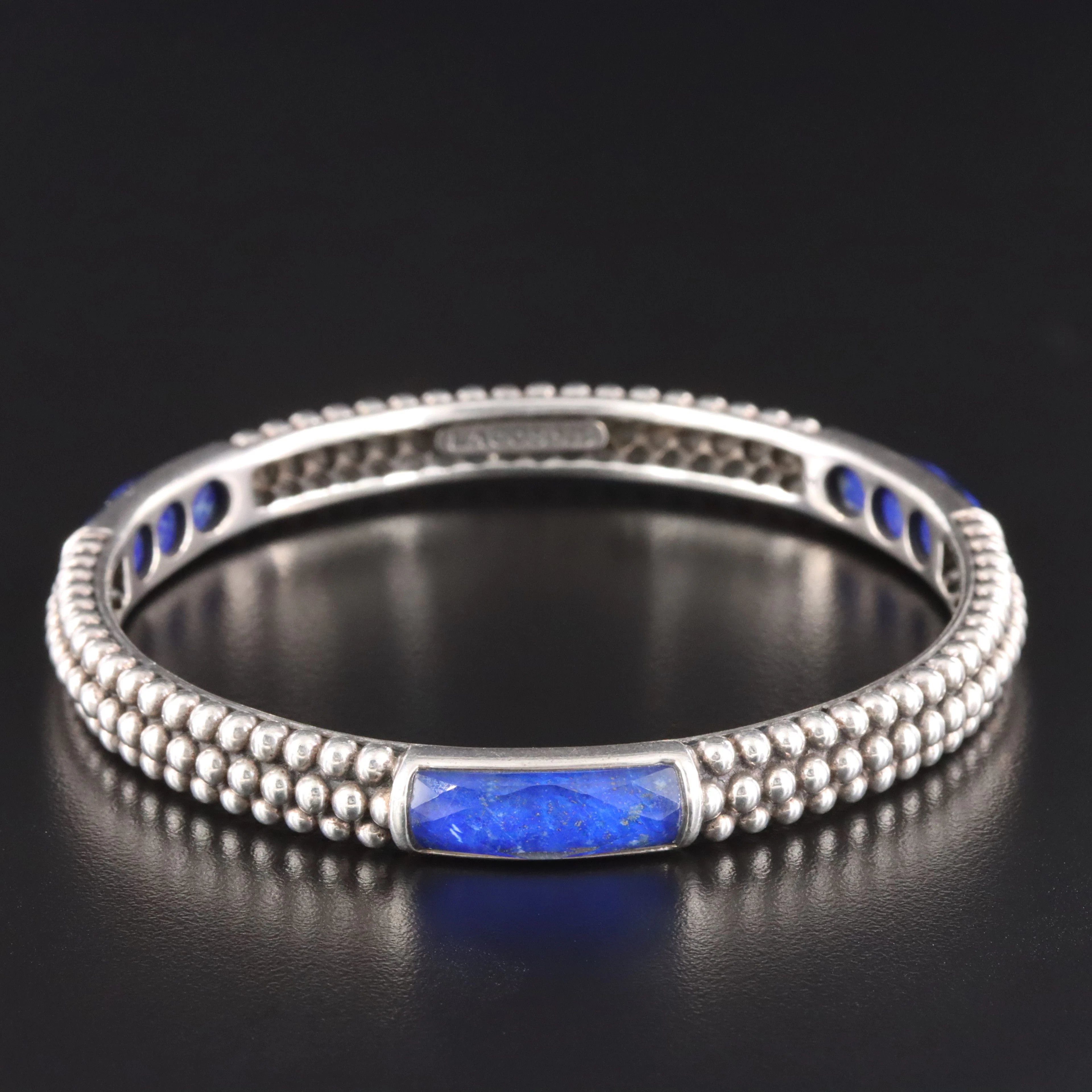 Lagos Maya Sterling Quartz over Lapis Caviar Station Bangle Bracelet