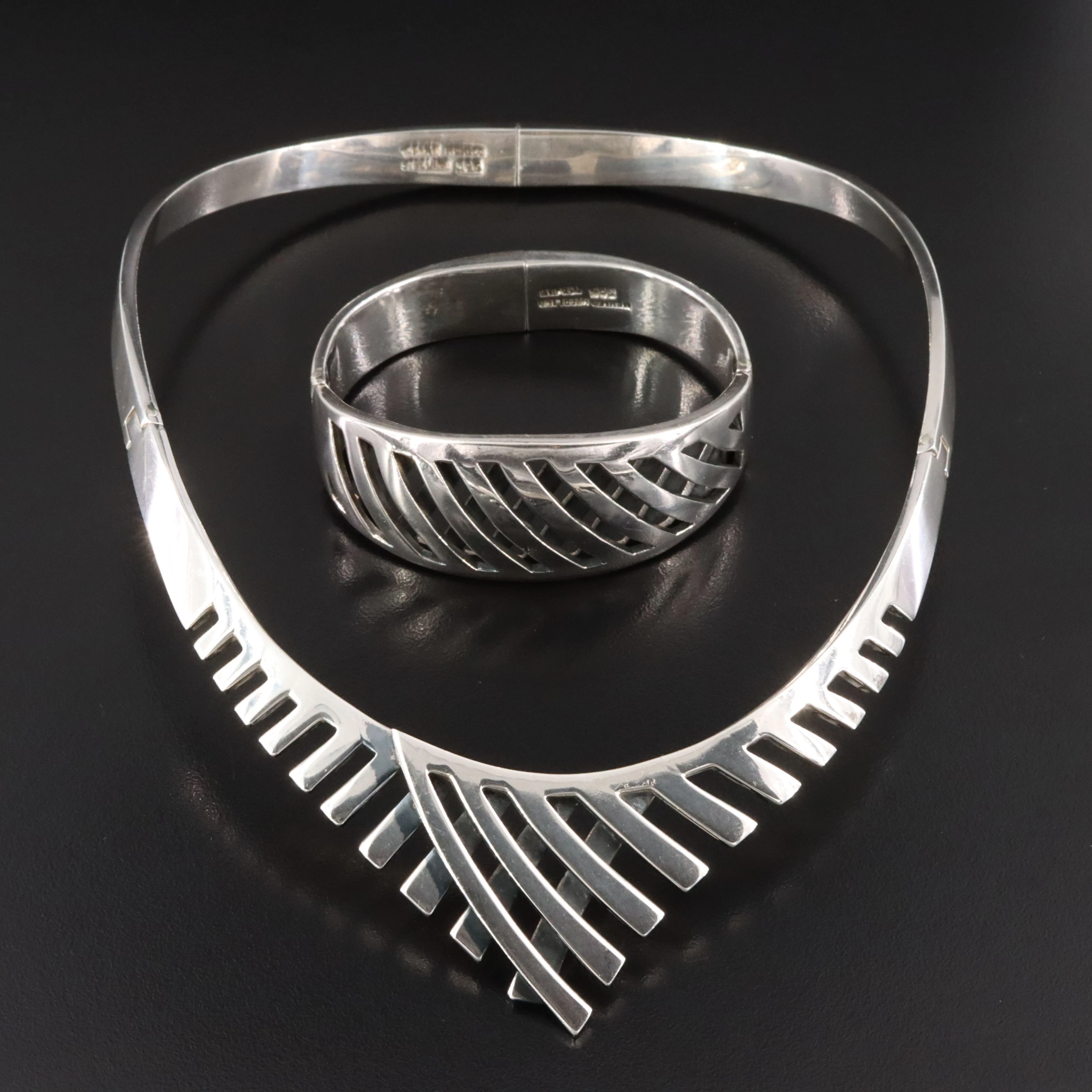 Taxco, Mexico Sterling Crossover Chevron Necklace & Bracelet Set