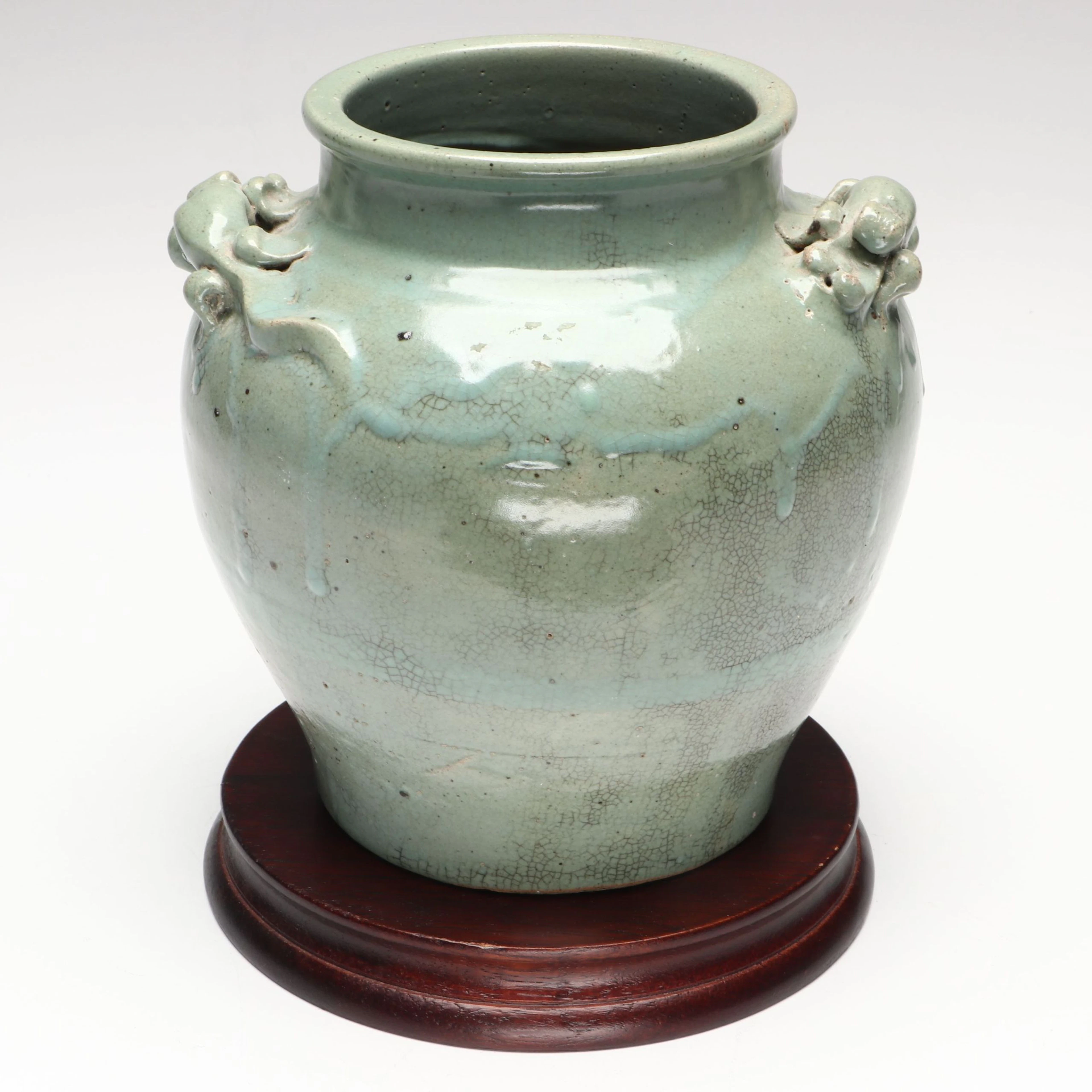 Korean Style Celadon Crawling Lizard Lug Handle Vase with Wood Stand