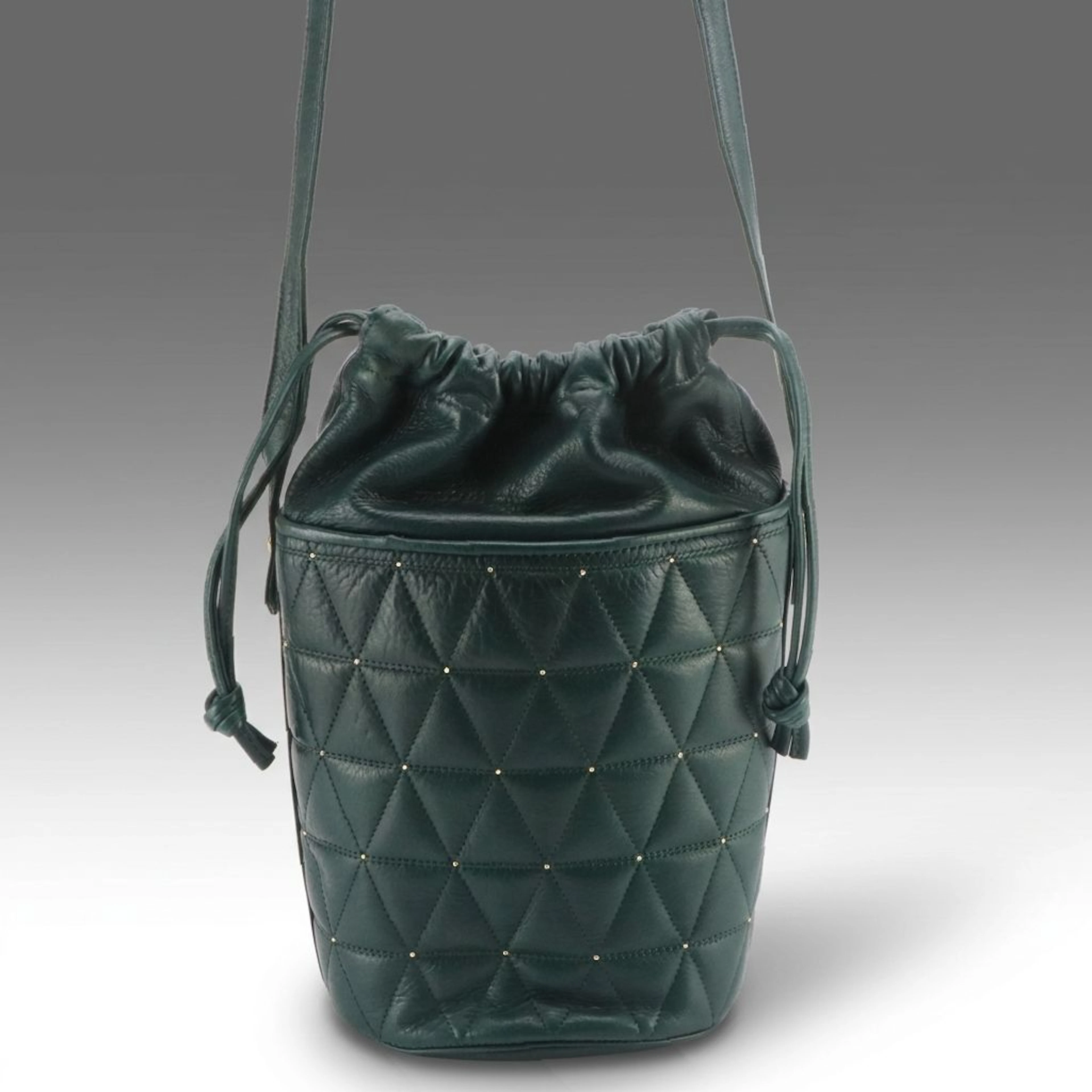 Valentino Garavani Drawstring Bucket Bag in Green Quilted Leather with Studs