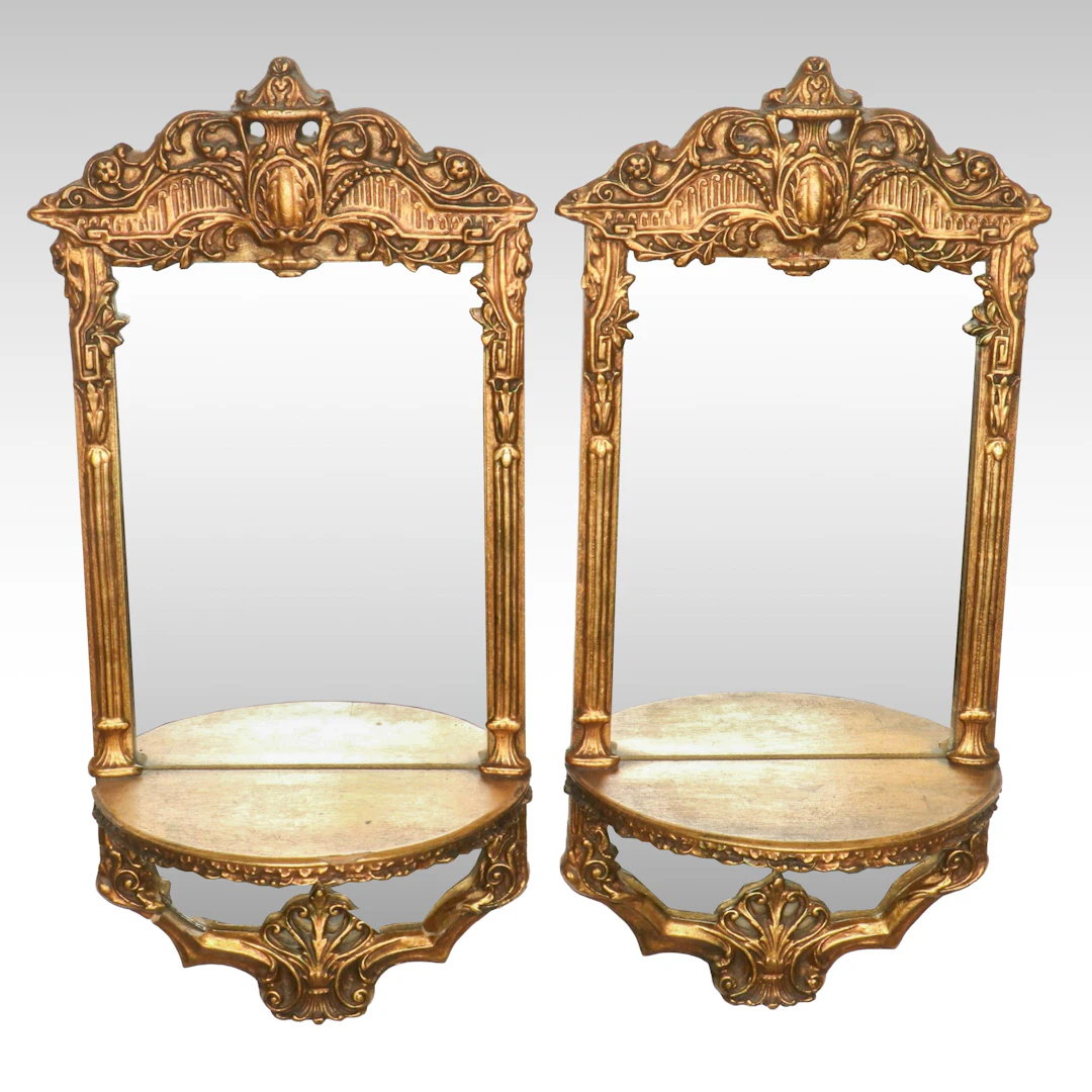Pair of Antique Baroque Style Wooden Mirrored Shelves