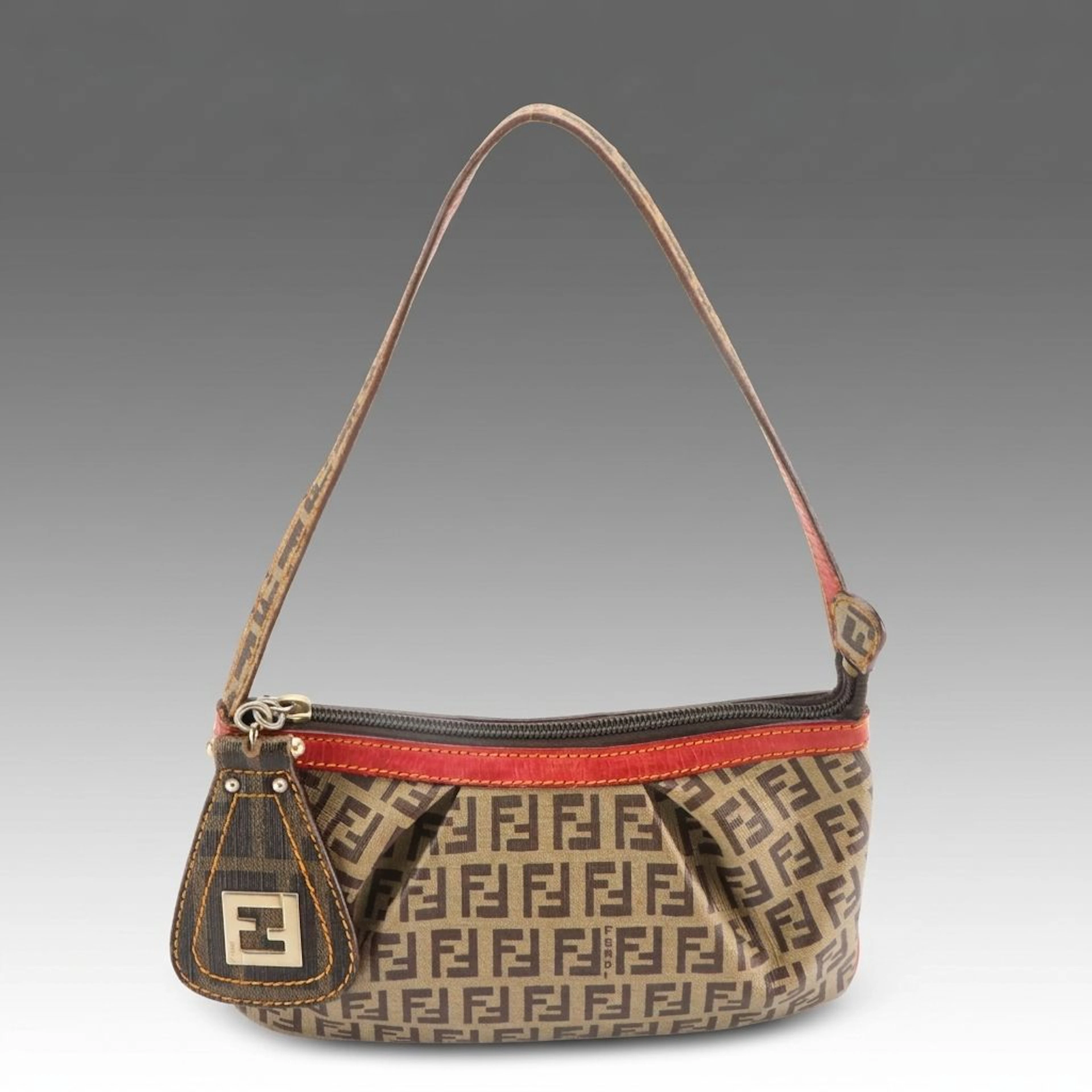 Fendi Zucchino FF Monogram Coated Canvas and Red Leather Pochette Bag