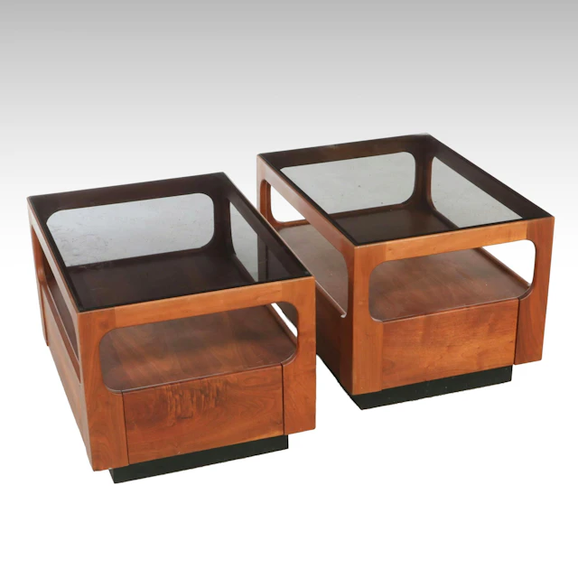 Pair of Otmar Furniture Mid Century Modern Smoked Glass and Walnut End Tables