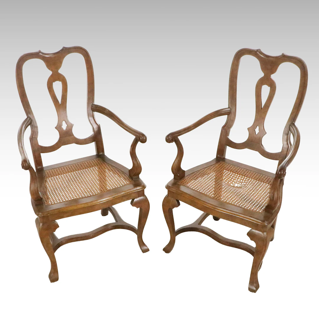 Pair of Baker Furniture French Country Style Caned Cherry Armchairs
