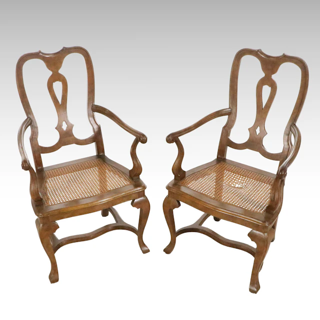 Pair of Baker Furniture French Country Style Caned Cherry Armchairs