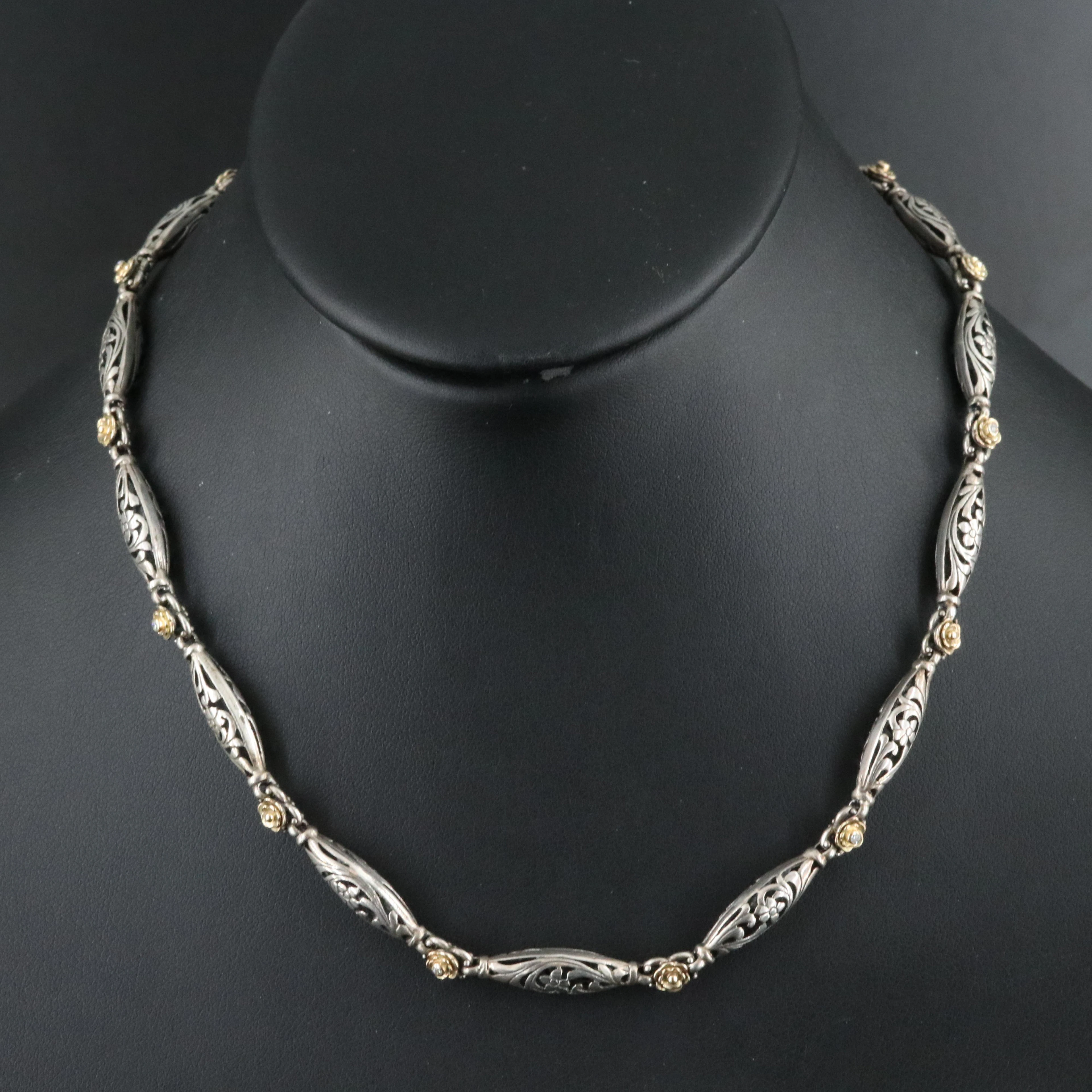 Konstantino Sterling and 18K Necklace with Diamond Rosette Stations
