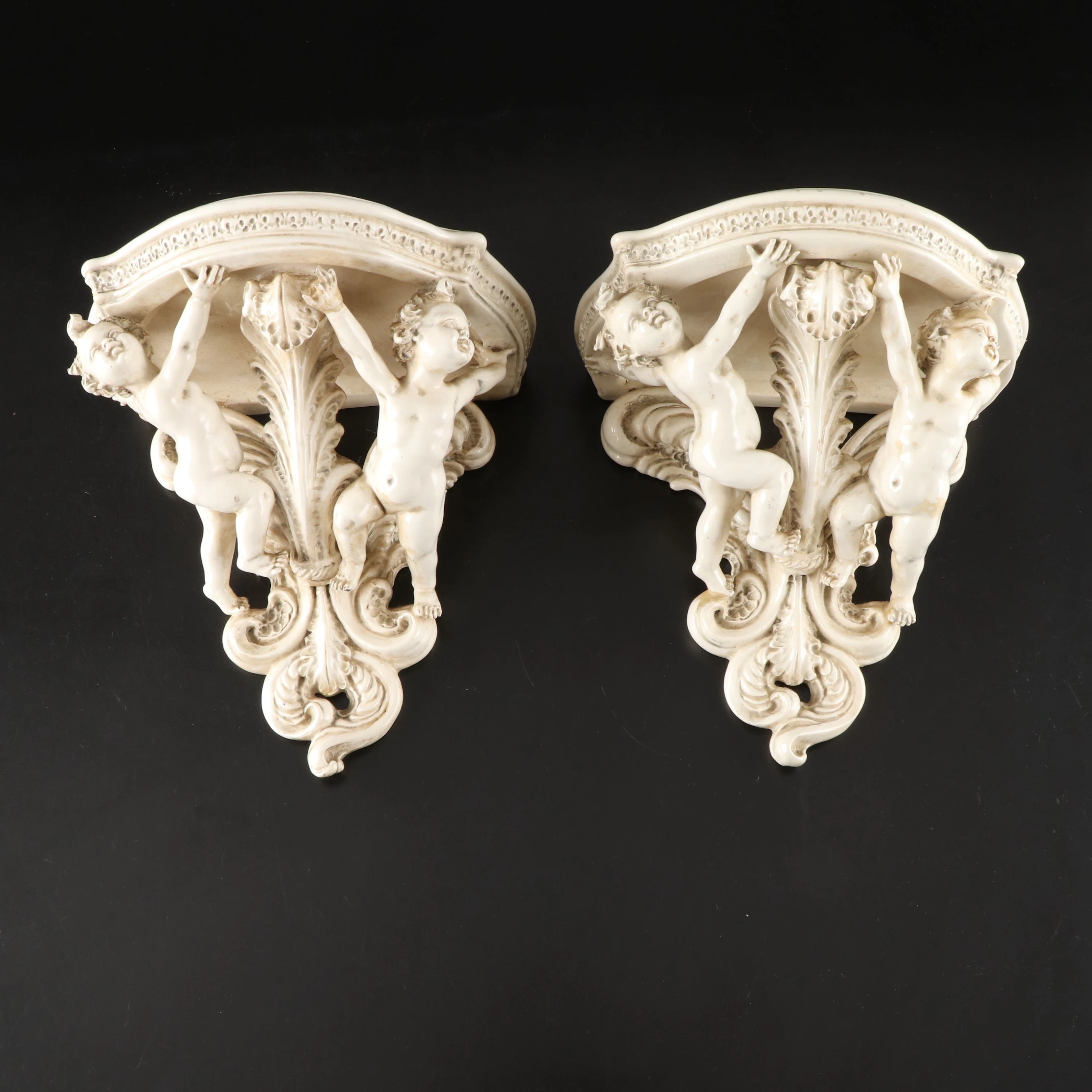 Capodimonte Porcelain Putti Wall Corbel Pair
