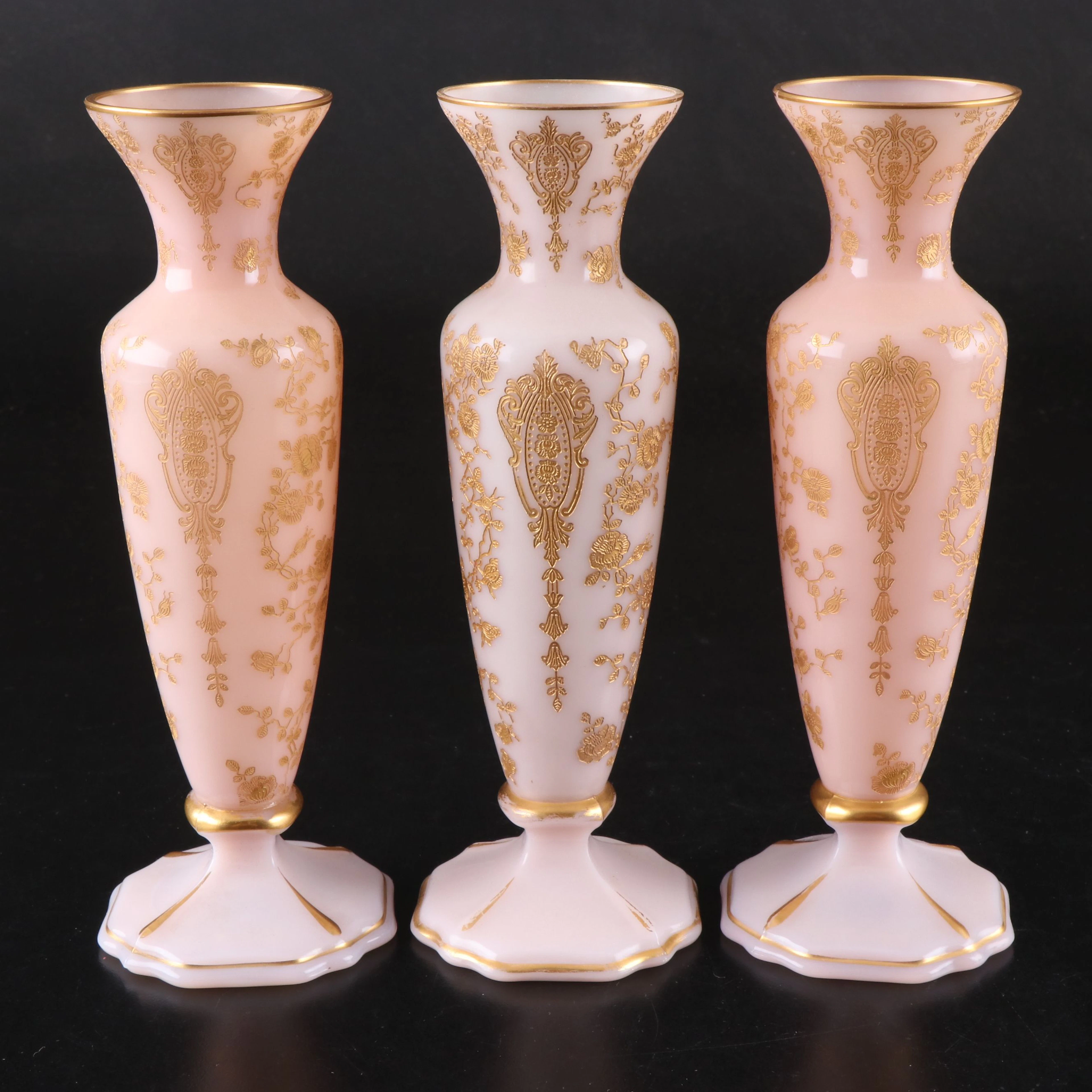 Cambridge "Rose Point Crown" Gold Encrusted Glass Bud Vases, 1932–1945