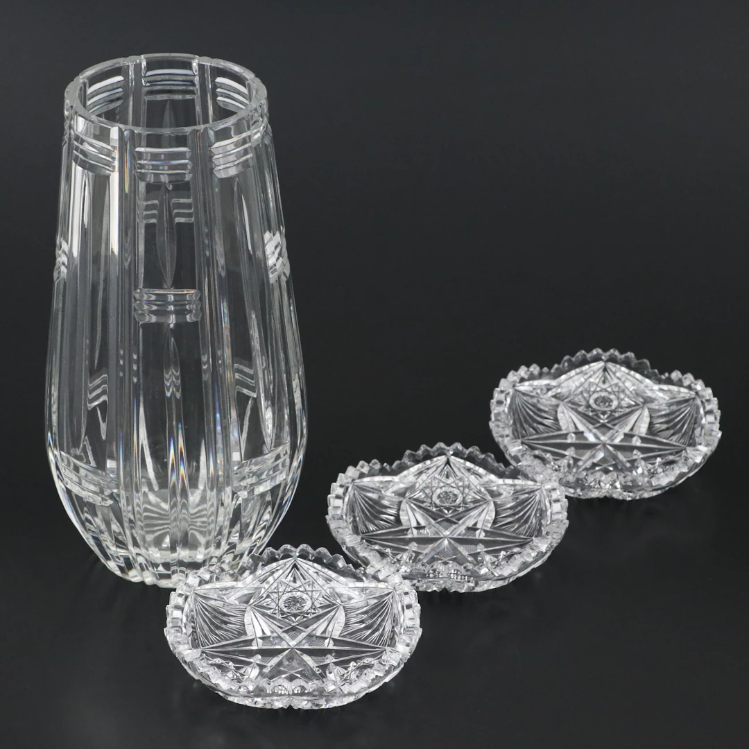 American Brilliant Style Nappy Bowls with Crystal Vase, Late 19th to Mid-20th C