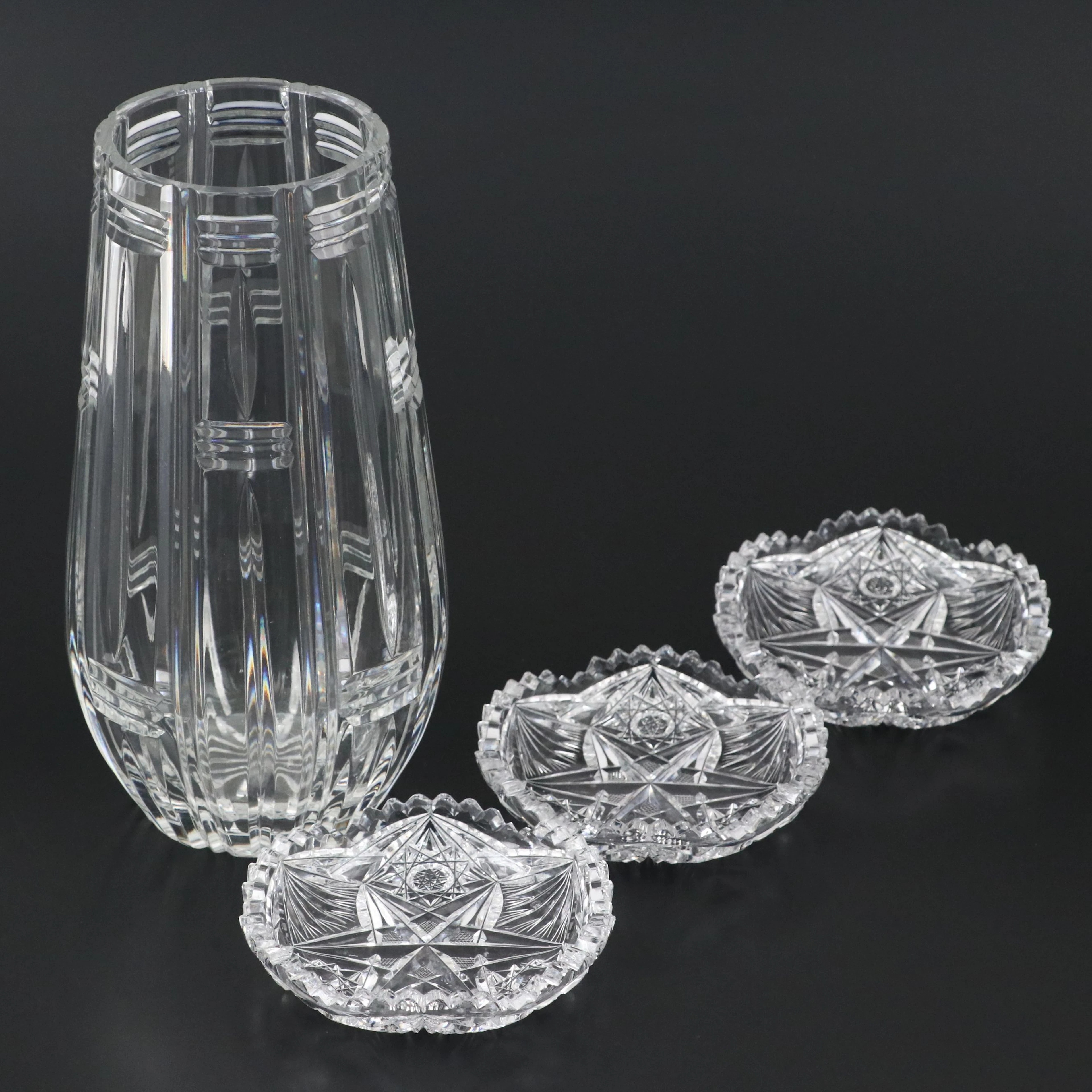 American Brilliant Style Nappy Bowls with Crystal Vase, Late 19th to Mid-20th C