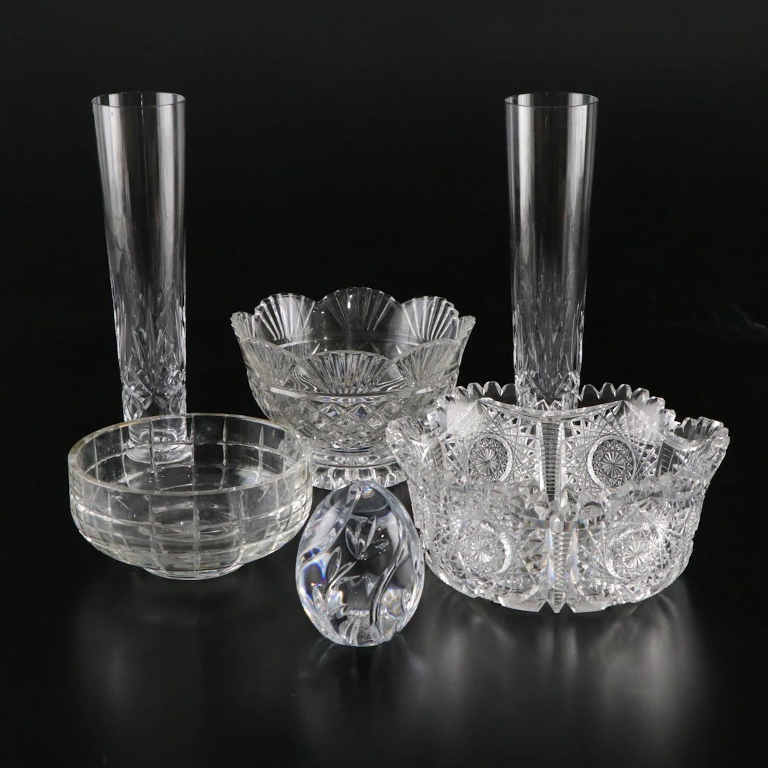 Cashs Crystal Vases with Paperweight and Decorative Bowls