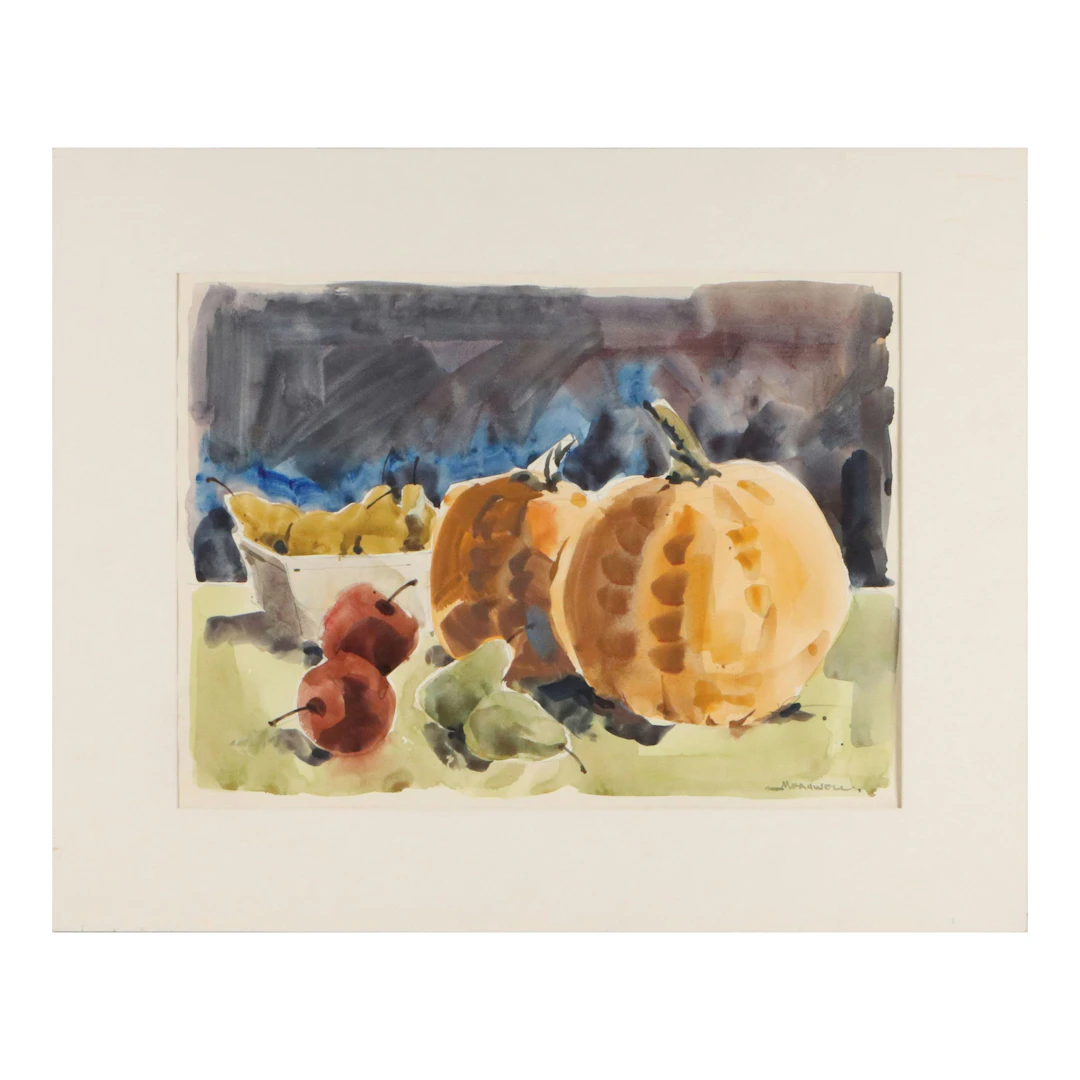 Jack Meanwell Still Life Watercolor Painting with Pumpkins, Late 20th
