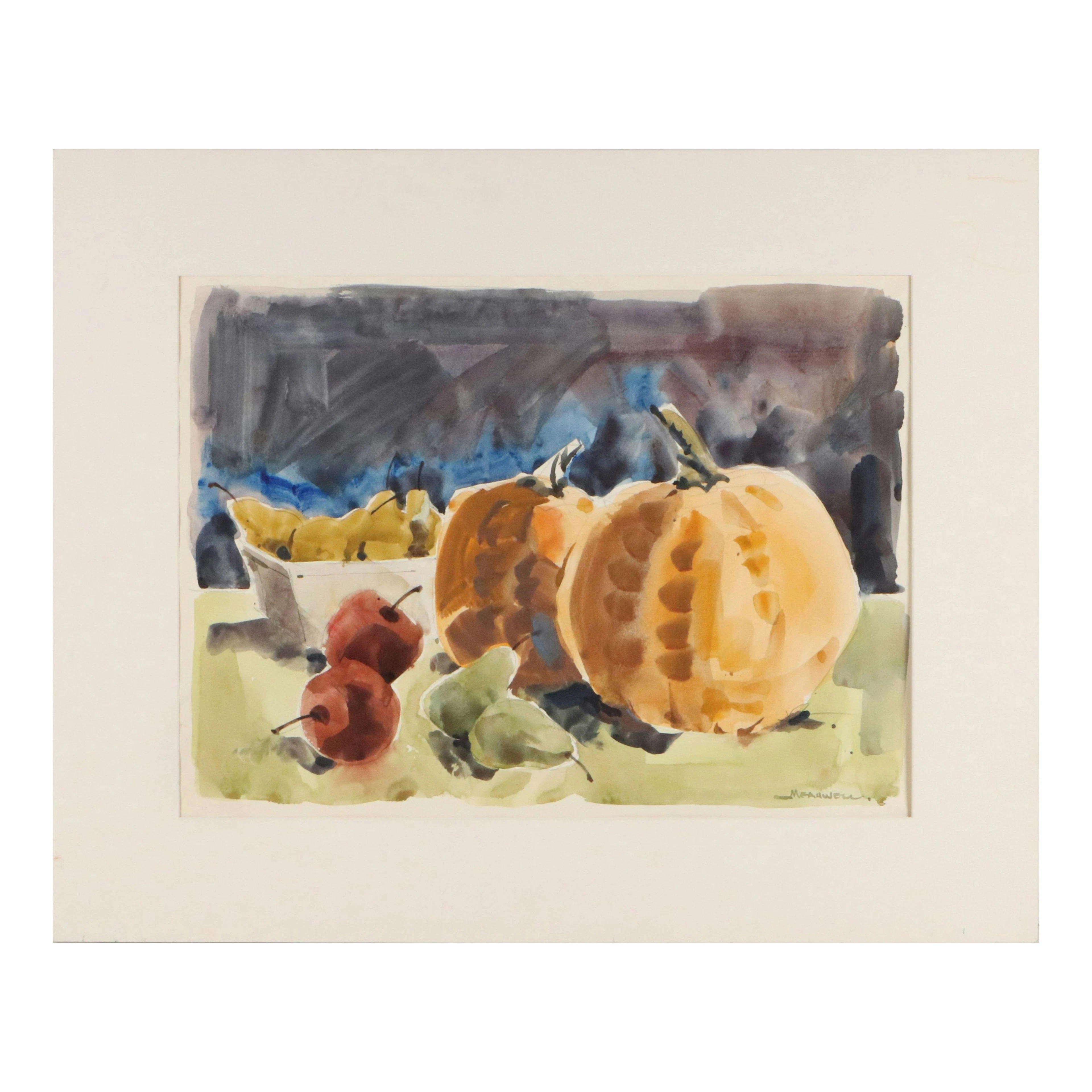 Jack Meanwell Still Life Watercolor Painting with Pumpkins, Late 20th