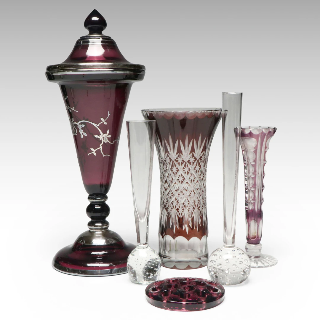 Amethyst Glass Vase with Sterling Silver Overlay, Bohemian Style Vases and More