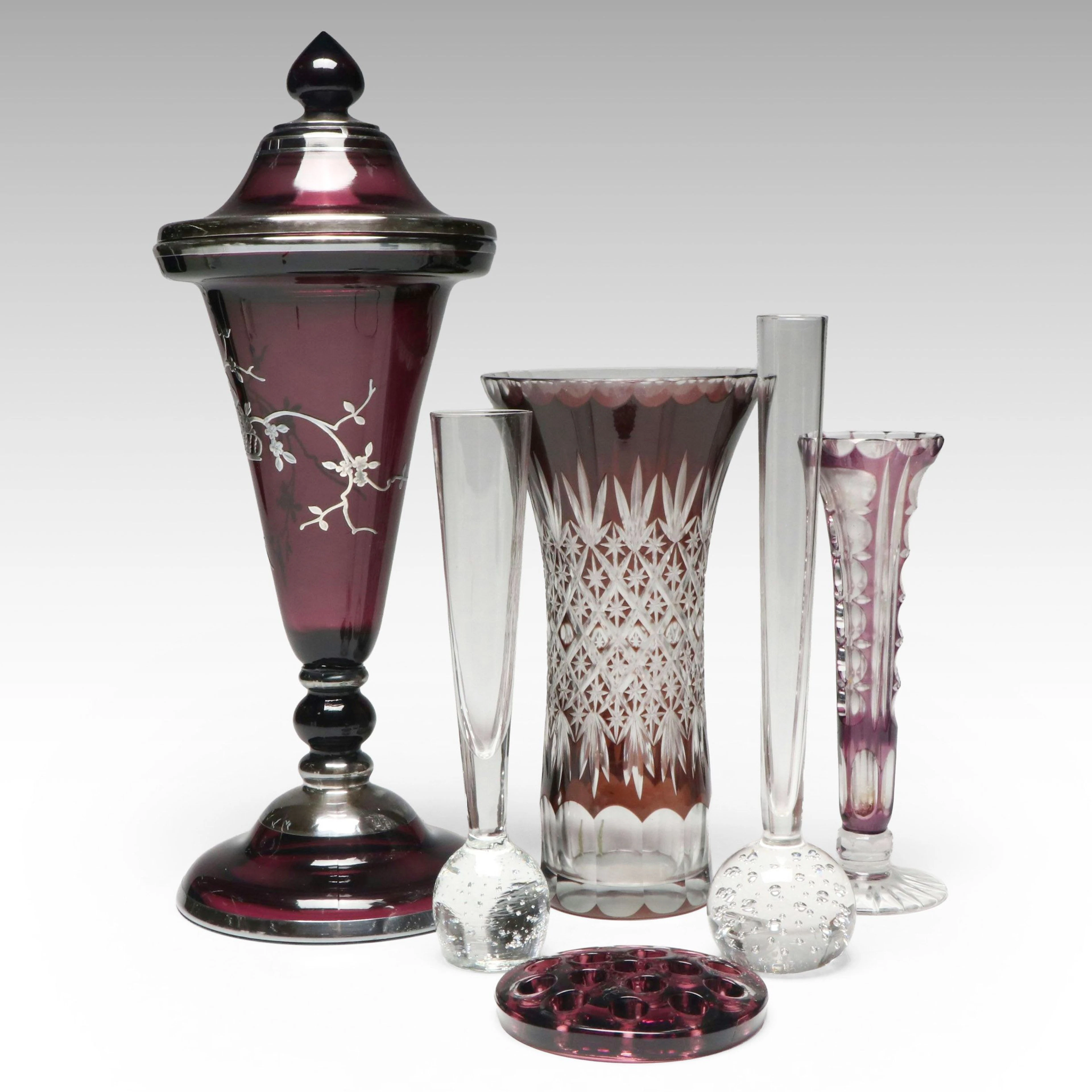 Amethyst Glass Vase with Sterling Silver Overlay, Bohemian Style Vases and More