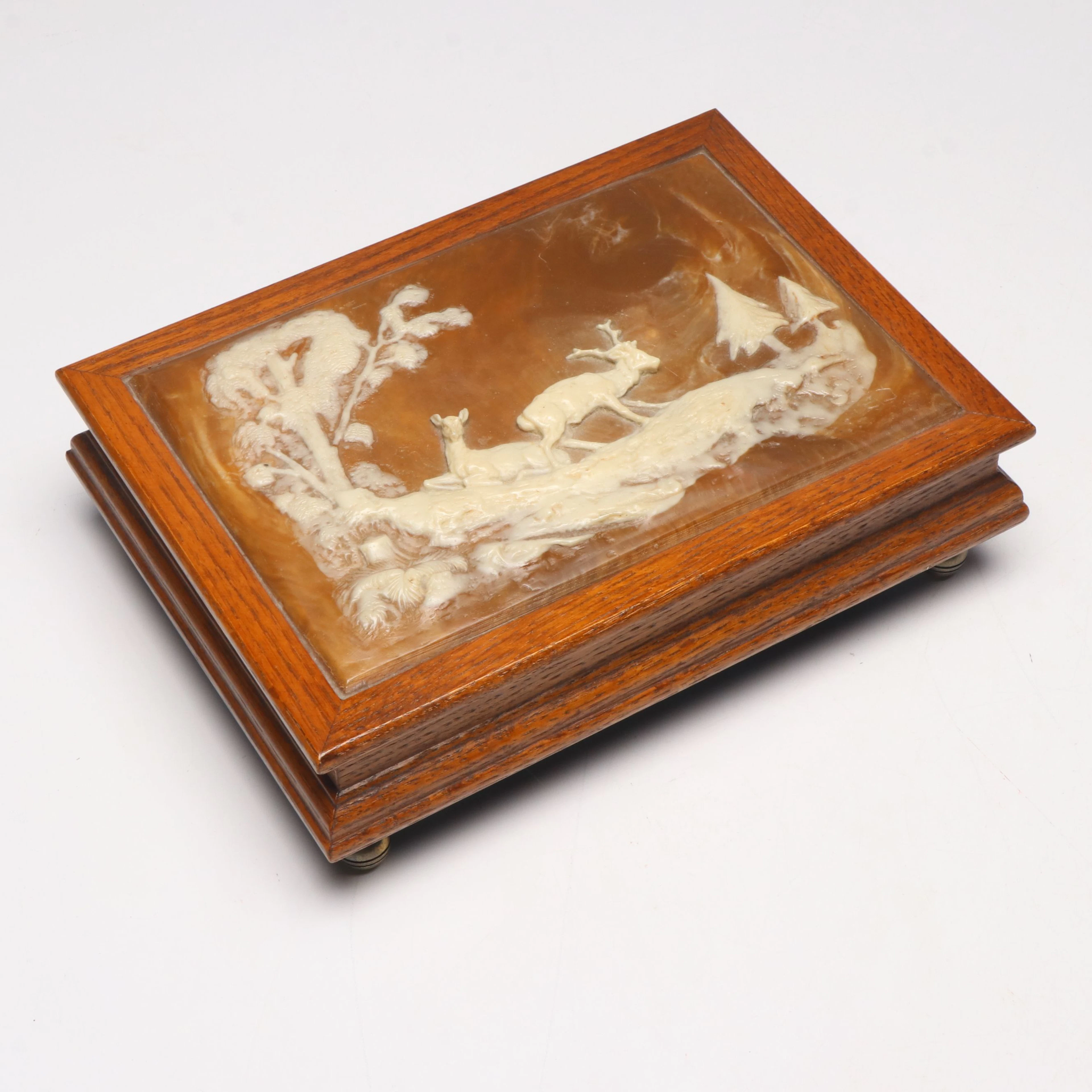 Dante American Oak Jewelry Box with Incolay Stone Relief