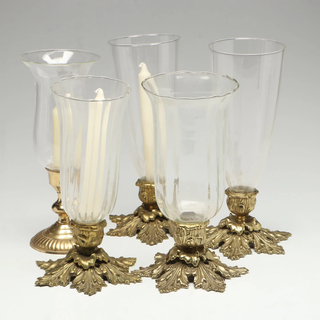 Hollywood Regency Style Brass Leaf Hurricane Candlesticks with Other