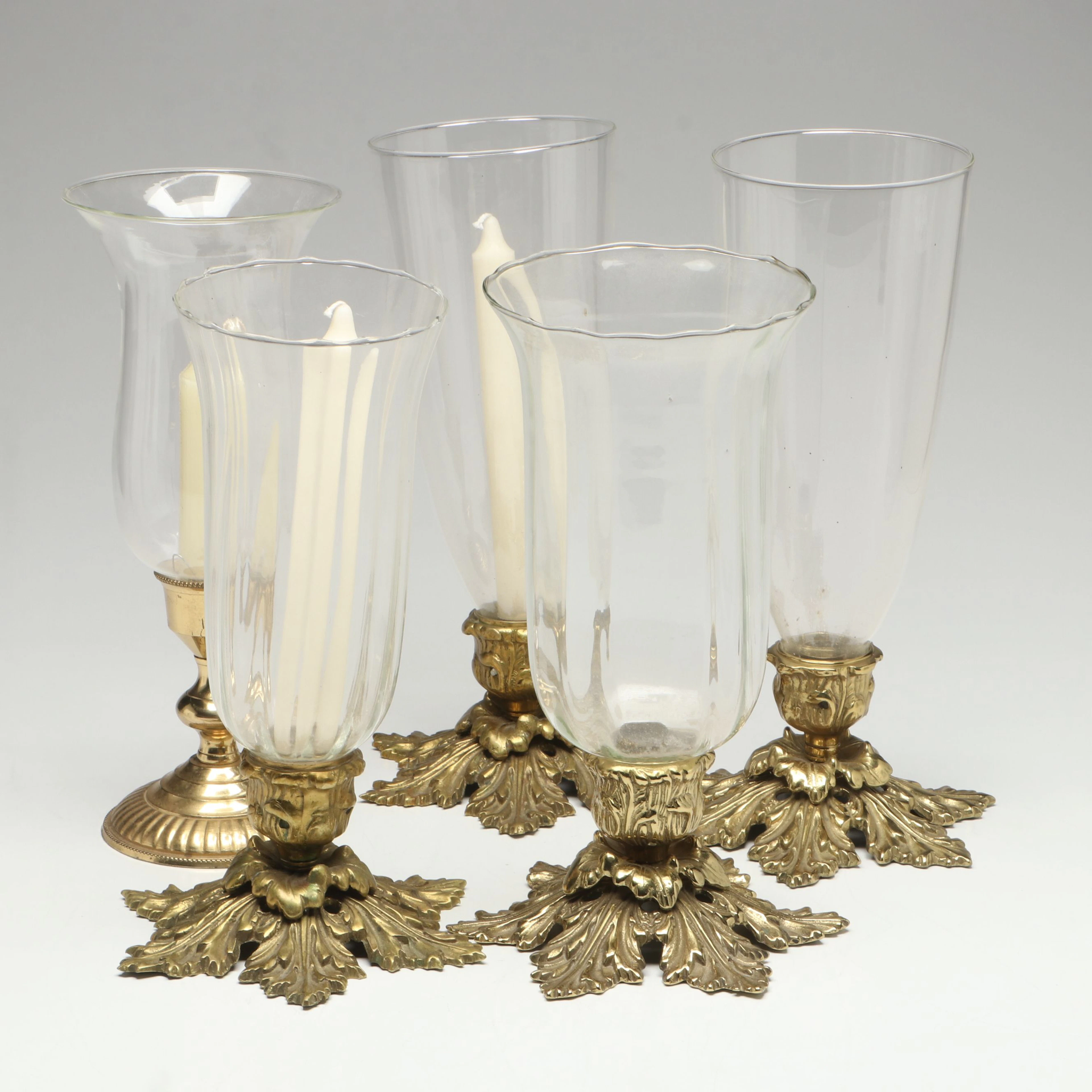 Hollywood Regency Style Brass Leaf Hurricane Candlesticks with Other