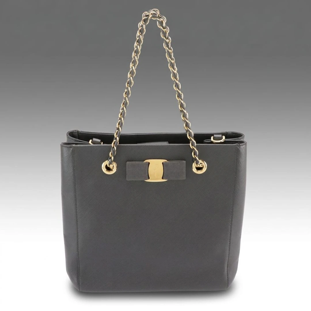 Salvatore Ferragamo 2 Way Vara Bow Shoulder Bag in Gray Saffiano Leather