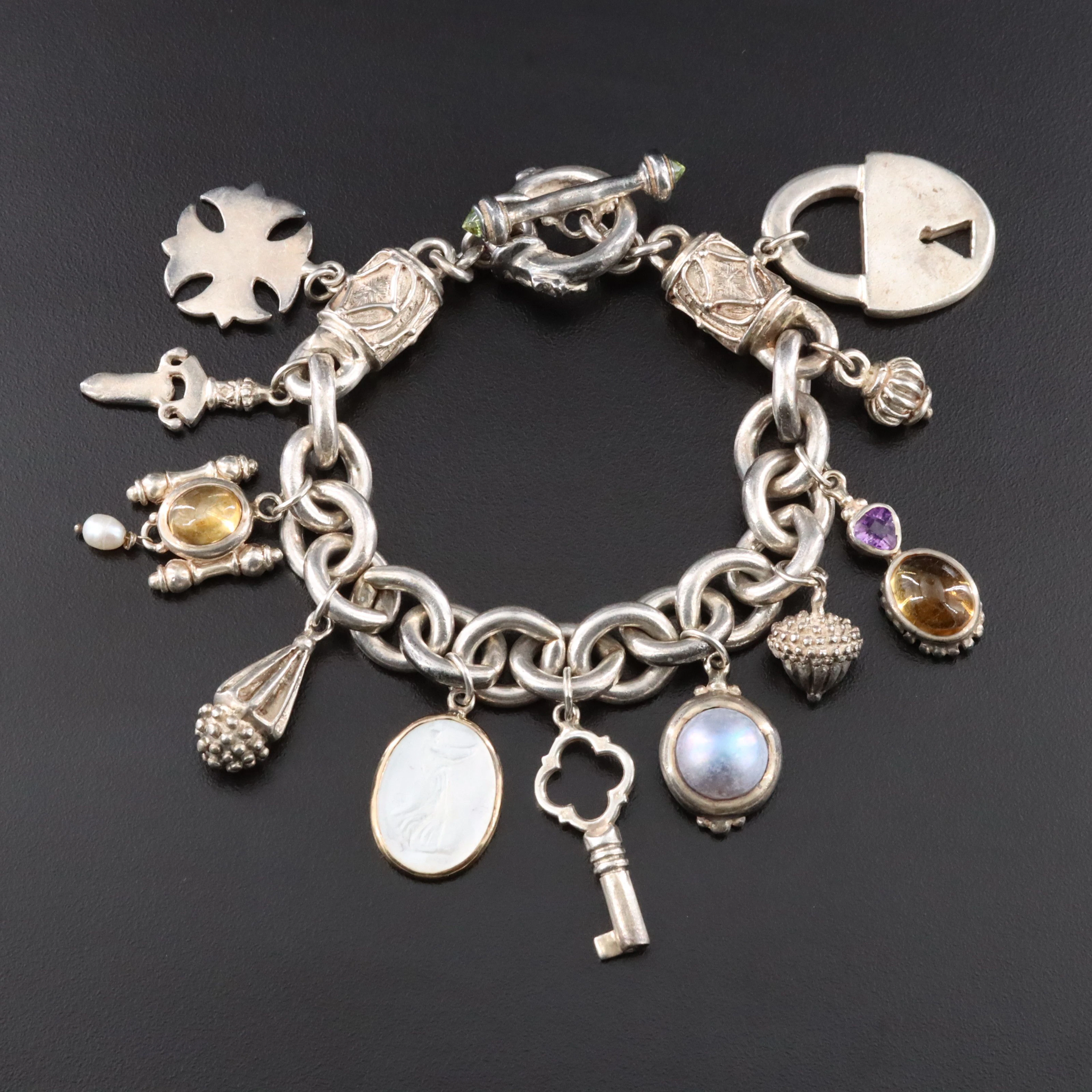 Sterling Charm Bracelet with Pearl, Citrine, Amethyst, and 14K Accent