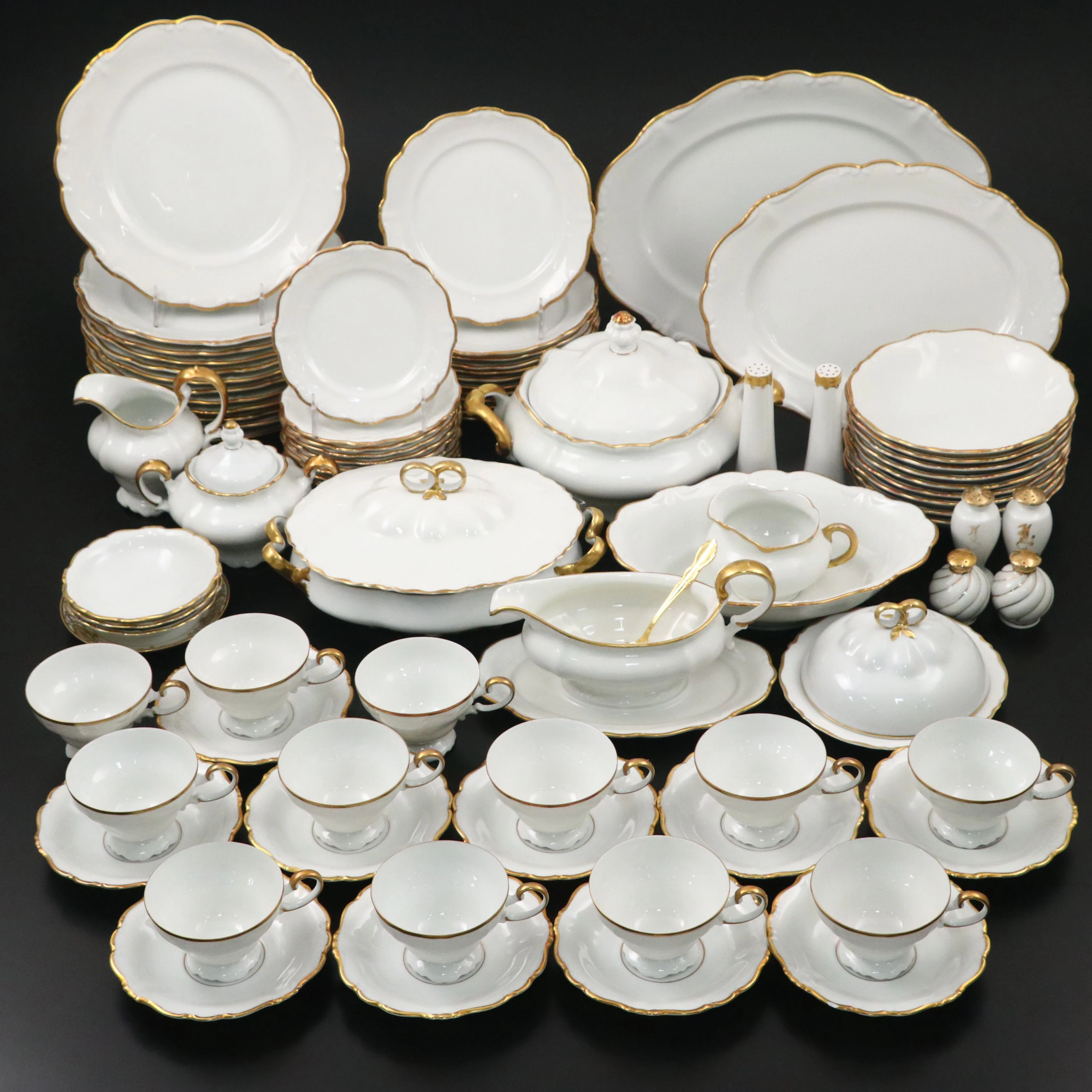 Johann Haviland "Gold Baroque" Gilt Porcelain Dinnerware and Serving Pieces