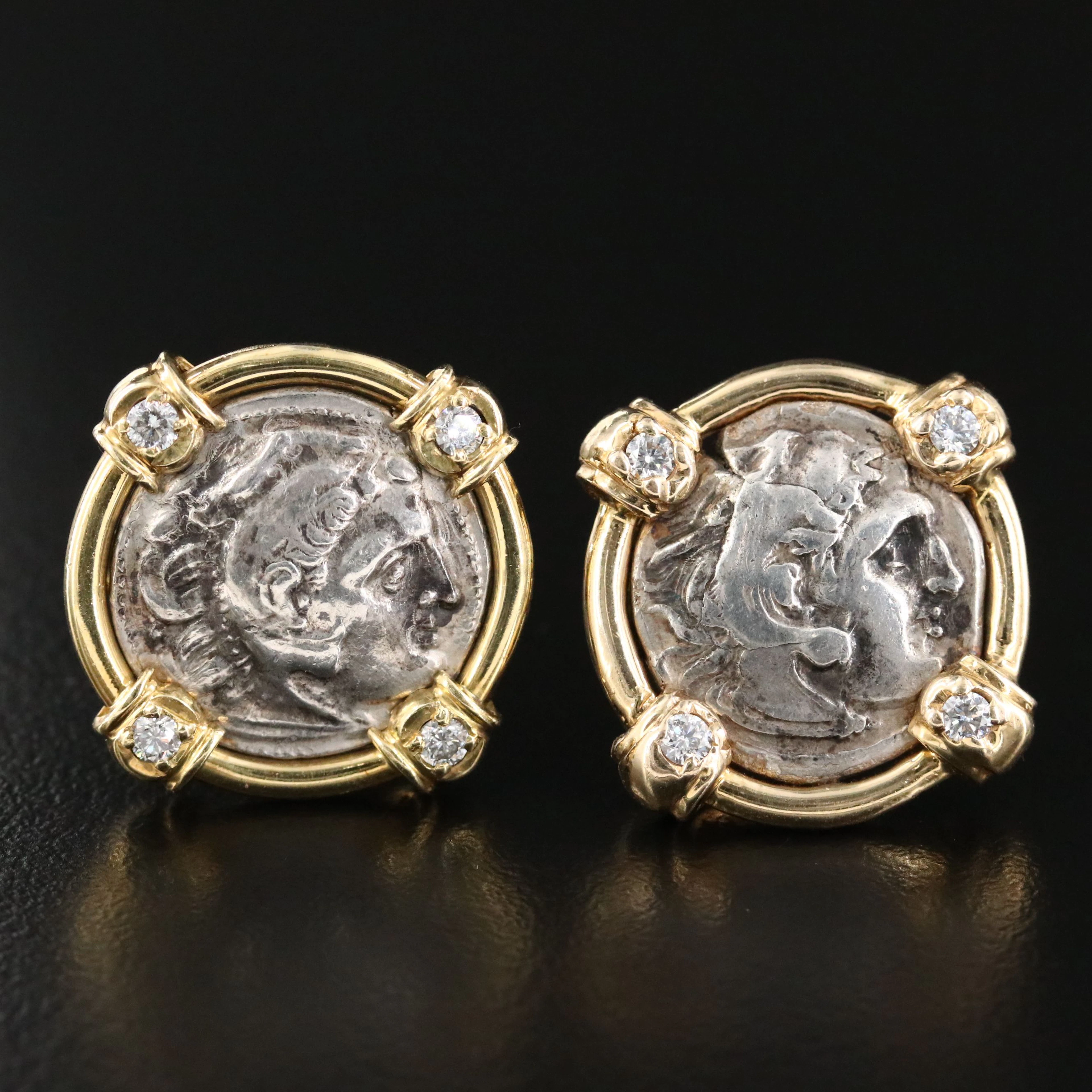 18K and 14K 0.36 CTW Diamond Cufflinks with Ancient Macedonia AR Drachm Coins